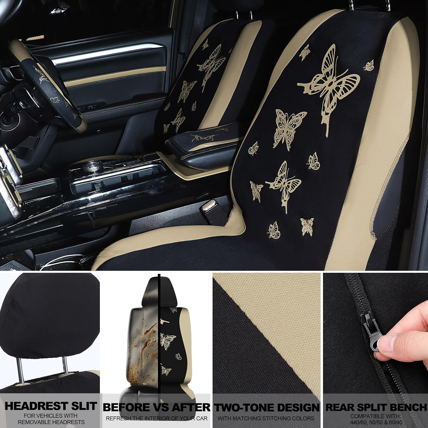 BBTO 47 Pcs Butterfly Car Seat Full Set Butterfly Car Accessories for Women 5 Front Rear Seat Covers Wrist Strap 2 Pieces Cup Mat Armrest Pad 2 Belt Cover Accessories for SUV(Cream-Colored，Black) - Image 3