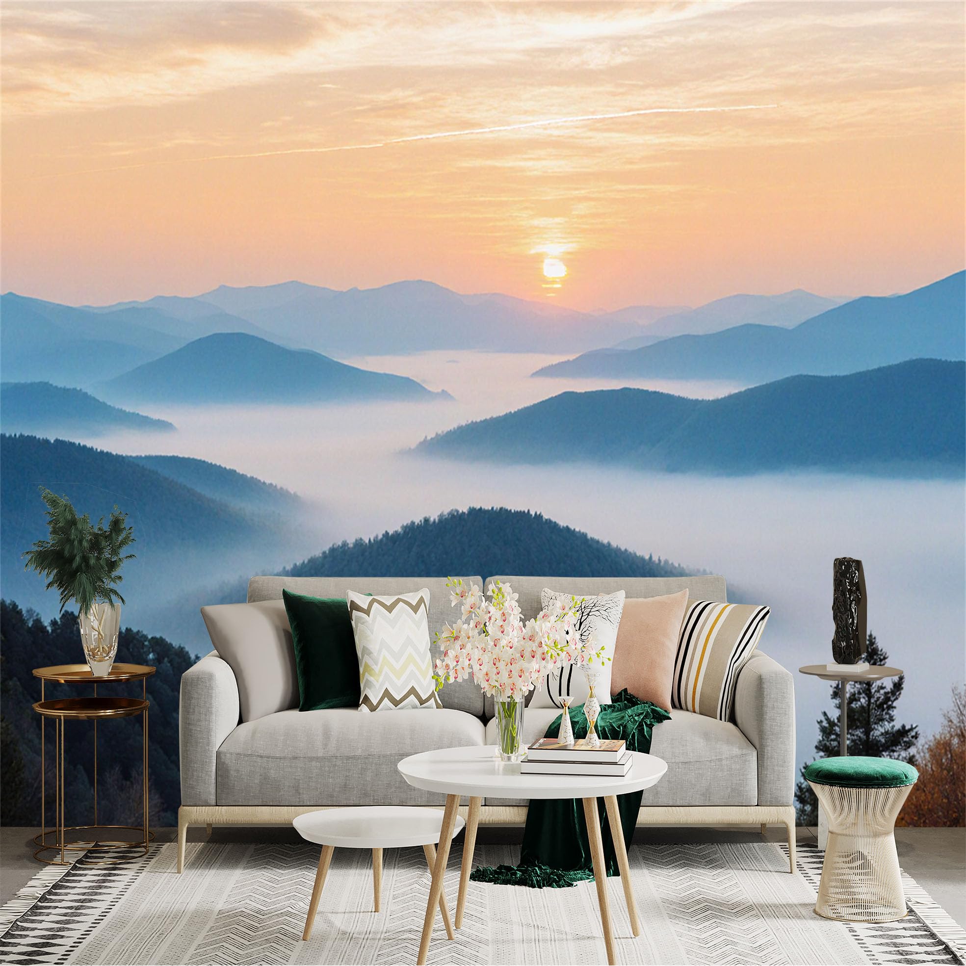 Lnzczhyre Xc260505525 Custom Size Wall Sticker Mural， Golden Sunset Over Misty Mountains， Serene Mountain Peaks With Morning Fog， For Wall Decoration， Peelandstick Wall Decals.