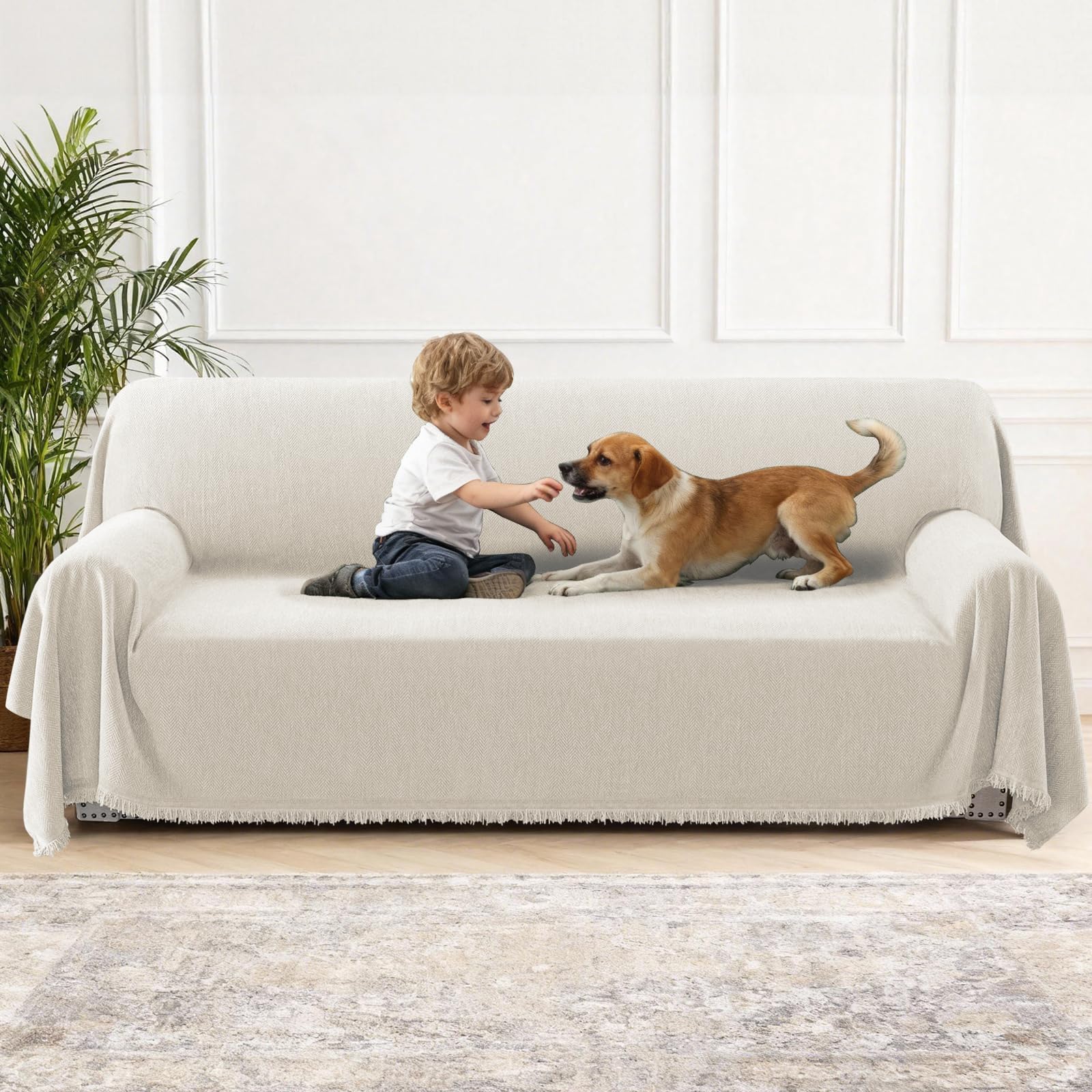 H.Versailtex Chenille Sofa Cover for 2 3 4 Seater, Waterproof Sofa Slipcover Sofa, Washable Couch Cover with Tassel, Soft Couch Covers for Dogs, Breathable, All-season Universal, 180 x 300 cm, Beige