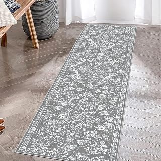 Pauwer Vintage Runner Rug, Non-Slip Non-Shedding Hallway Runner Rug, Distressed Faux Wool Throw Rug Runner, Washable Low-Pile Accent Rug Runner for Kitchen Laundry Entrance (Grey,2x8Ft)