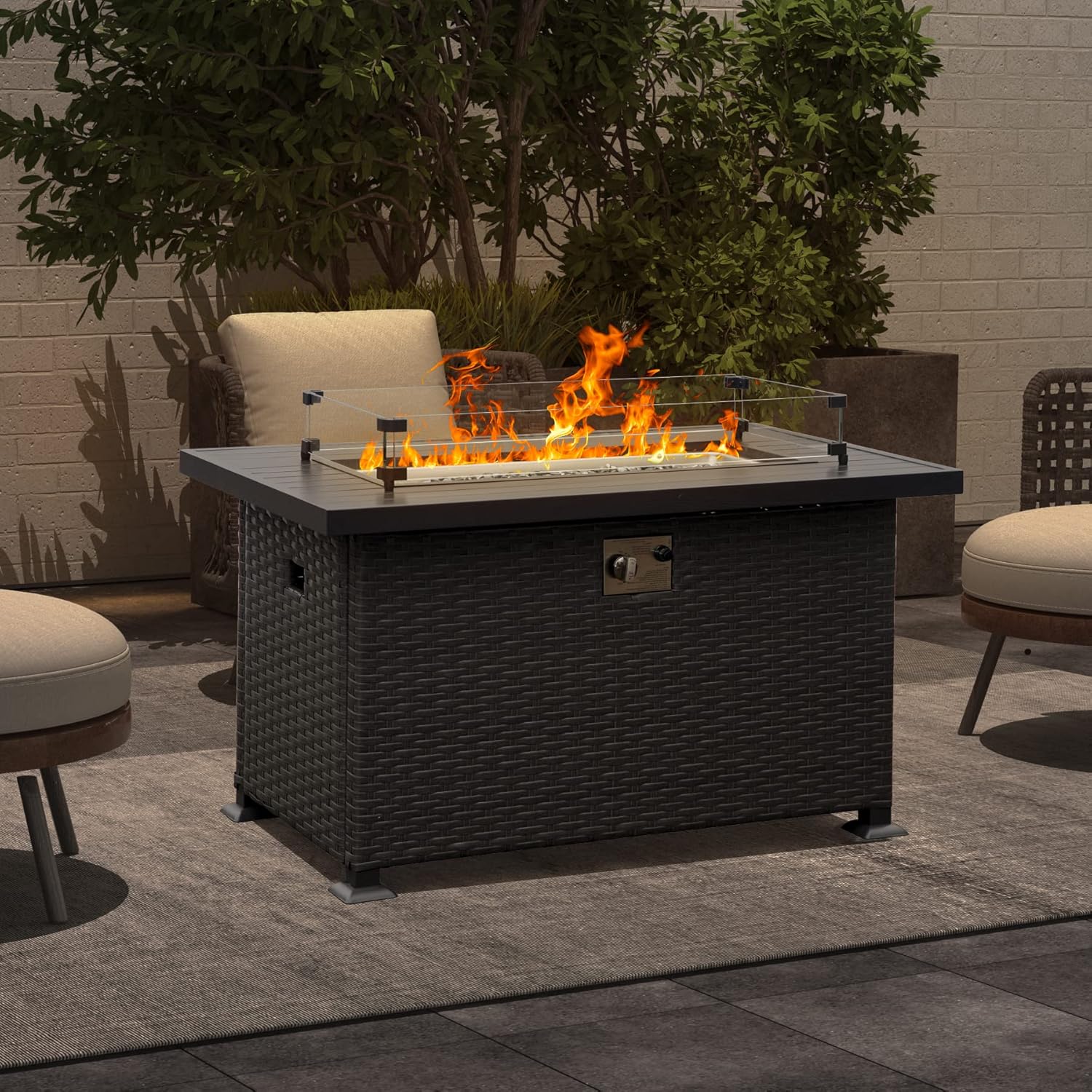 Domi 43in Propane Fire Pit, 50,000 BTU Gas Fire Pit Table with Lid, Glass Rocks, ETL Certification, Classic Firepit with Rattan Wicker Base and Wood Look Tabletop Drak Gray