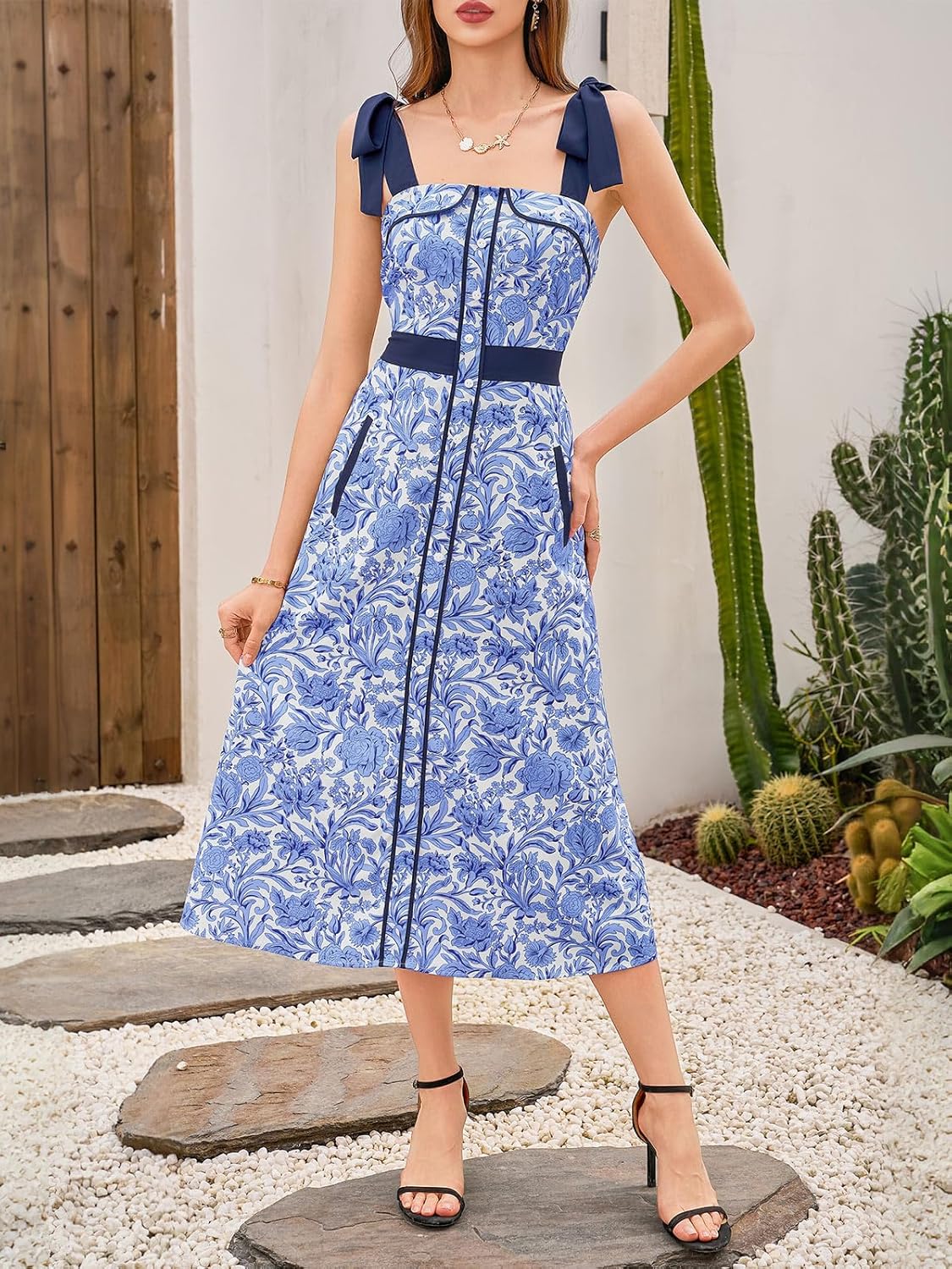 Wenrine Womens Summer Floral Midi Dress Casual Tie Strap Sleeveless Smocked Button Boho Flowy Beach Sundress with Pocket