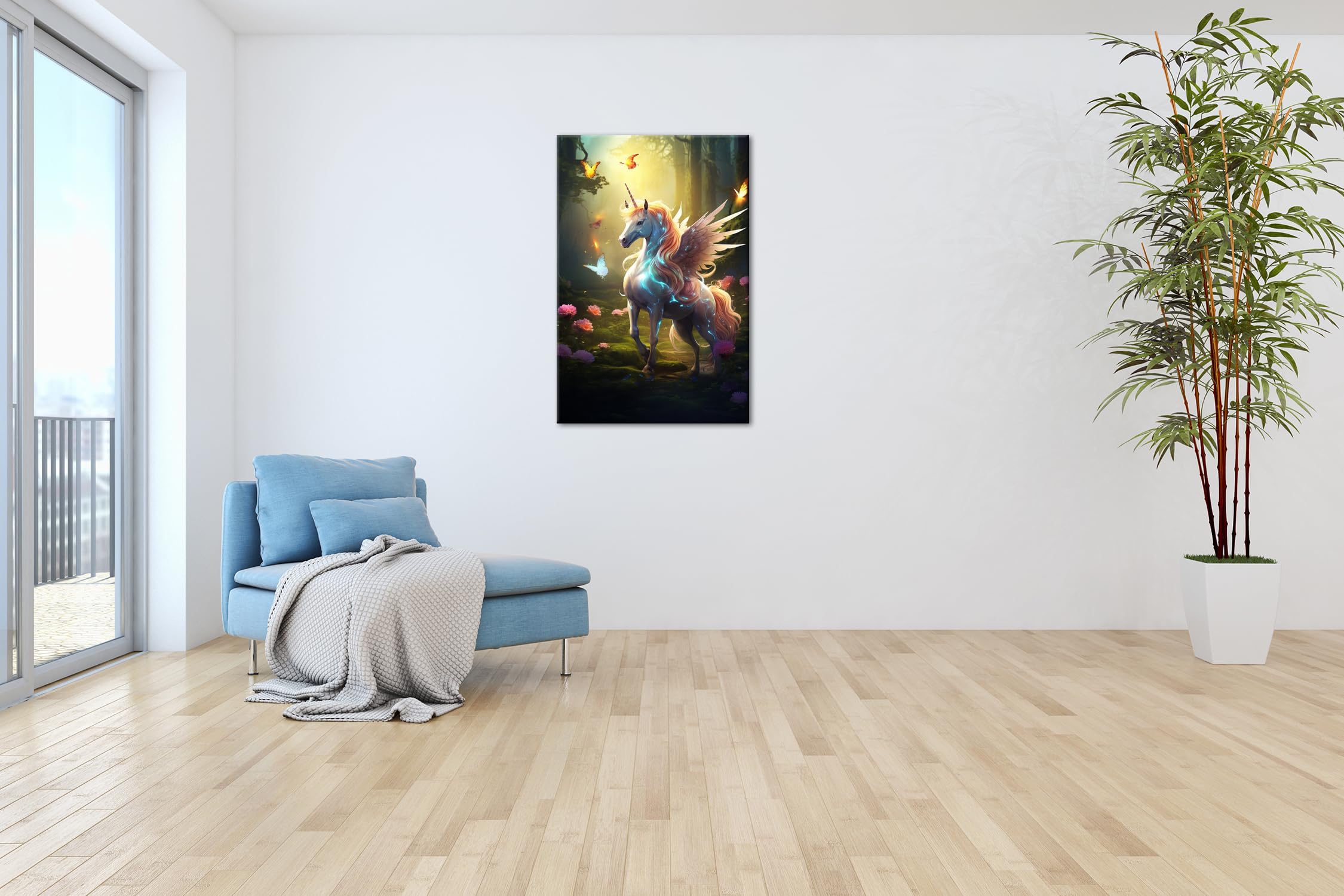 deyoli Magisches Einhorn – Lichtwesen im Zauberwald Format: 80x60cm XXL Kunstdruck Motiv auf Holzrahmen/Leinwandbild/Wandbild/Wohnzimmer Dekoration