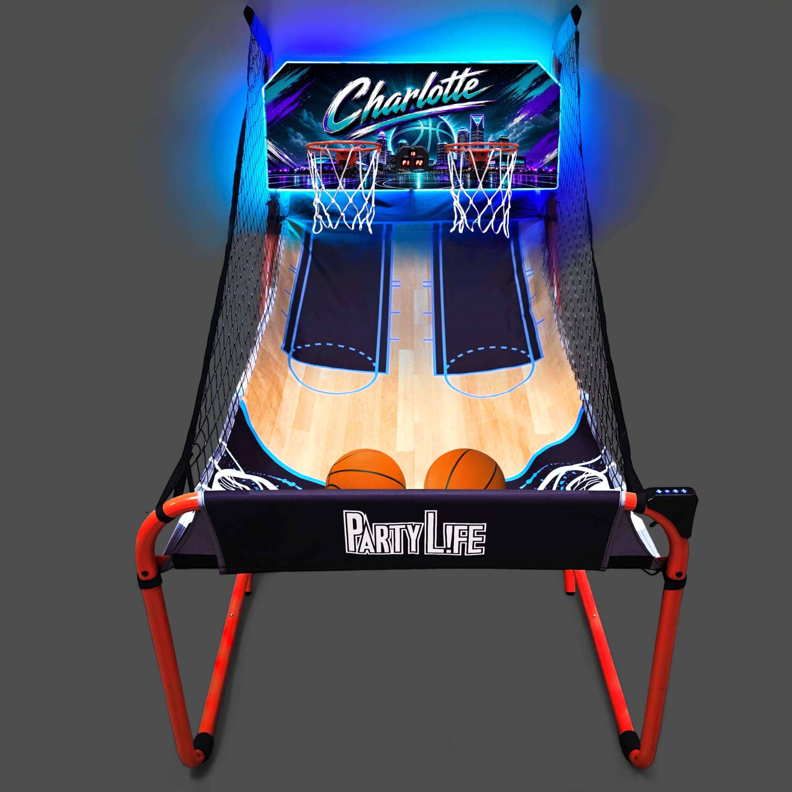 PartyLife 2-Player Basketball Arcade Game w/LED Lights | Electronic Scoring | 5 Balls, 1 Pump, 8 Games | Folding Design | Heavy-Duty Steel Frame