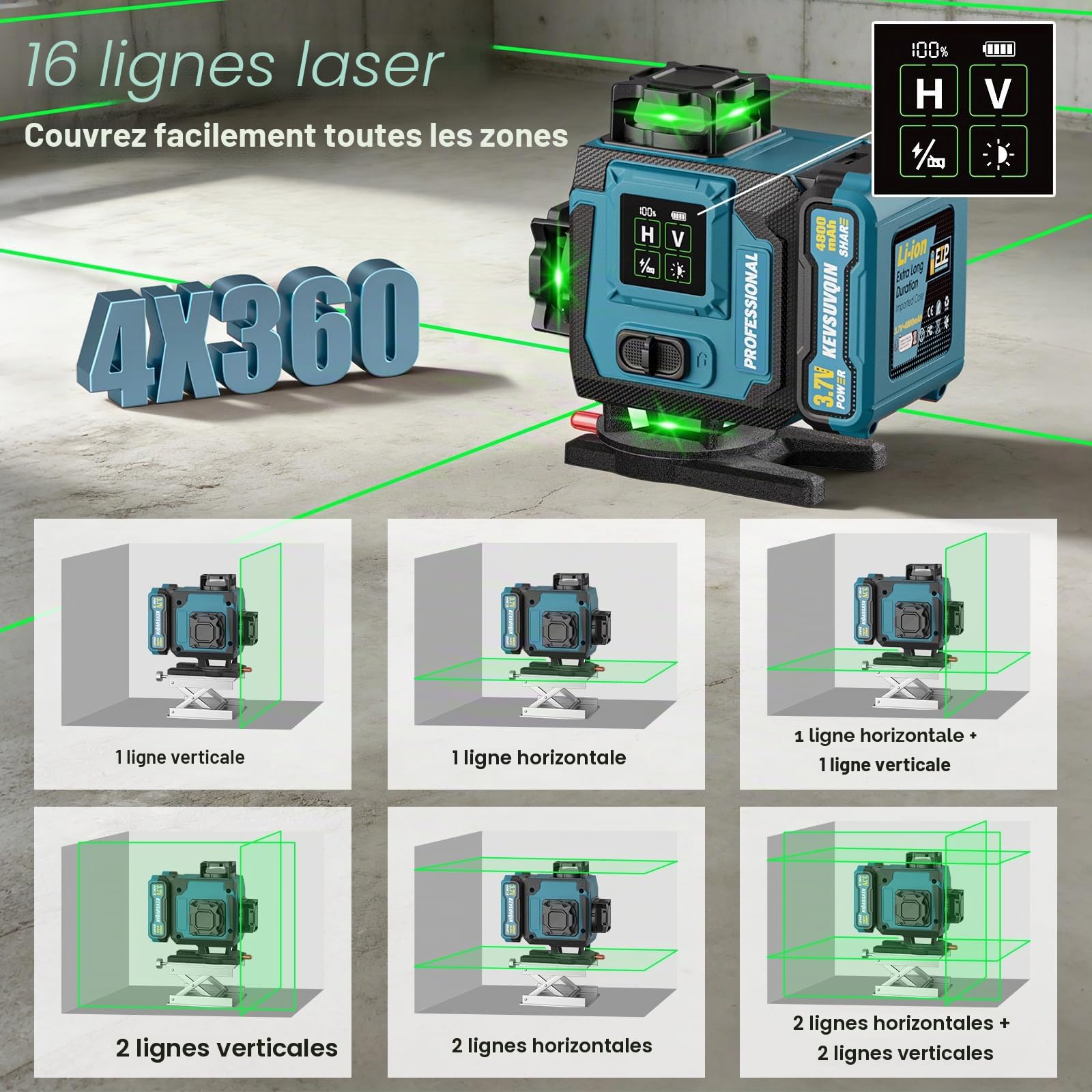 Niveau Laser 4x360°, Laser Chantier avec 2x4800mAh Batterie & Grand écran LED, 4D 16 Lignes Niveau Laser 360 Autonivelant/APP/Télécommande/IP54 Étanche et Anti-Poussière pour la construction