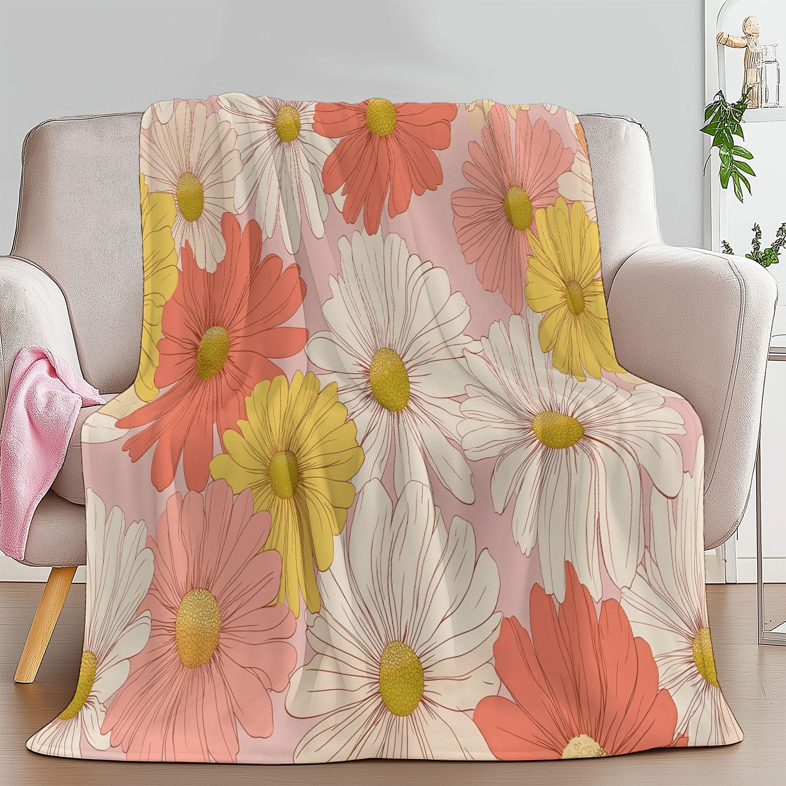 Generico Koc polarowy w kratę retro chryzantema 180 x 220 cm Super miękki zimowy ciepły koc w kratę, na sofę, narzuta na łóżko, na wszystkie pory roku, dla dorosłych dzieci