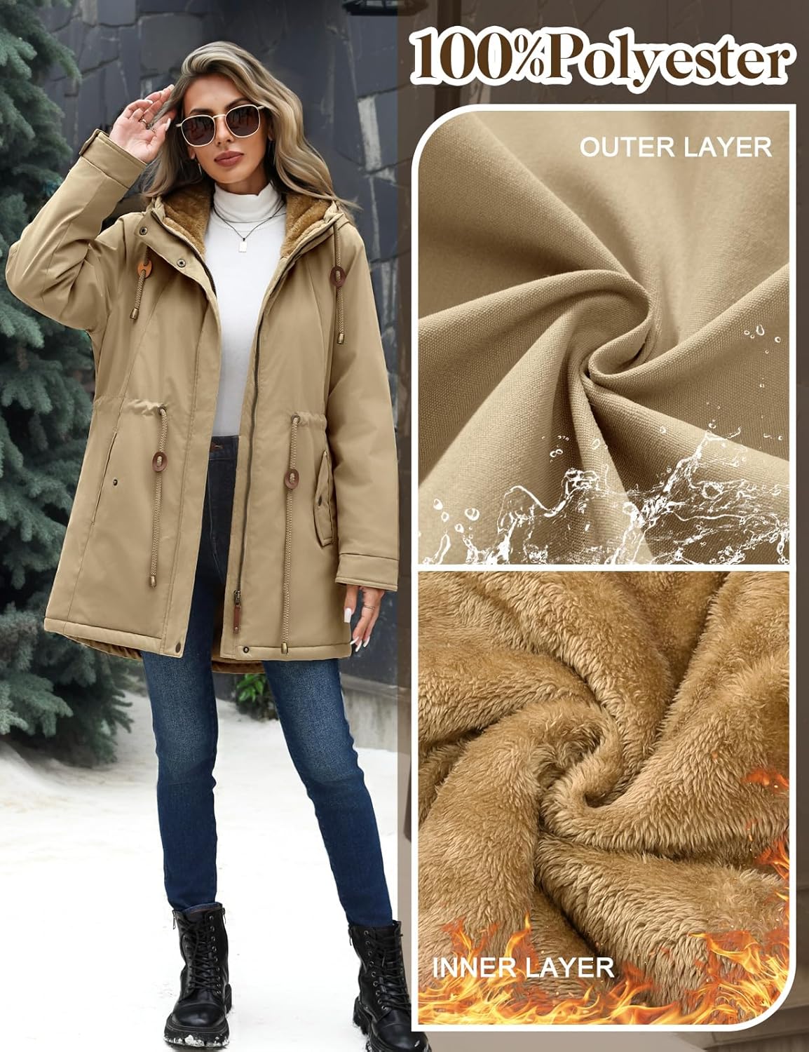 Yusongirl Parka Jacket Women Waterproof Fleece Lined Hooded Warm Winter Coat with Pockets for Daily Commute & Outdoor