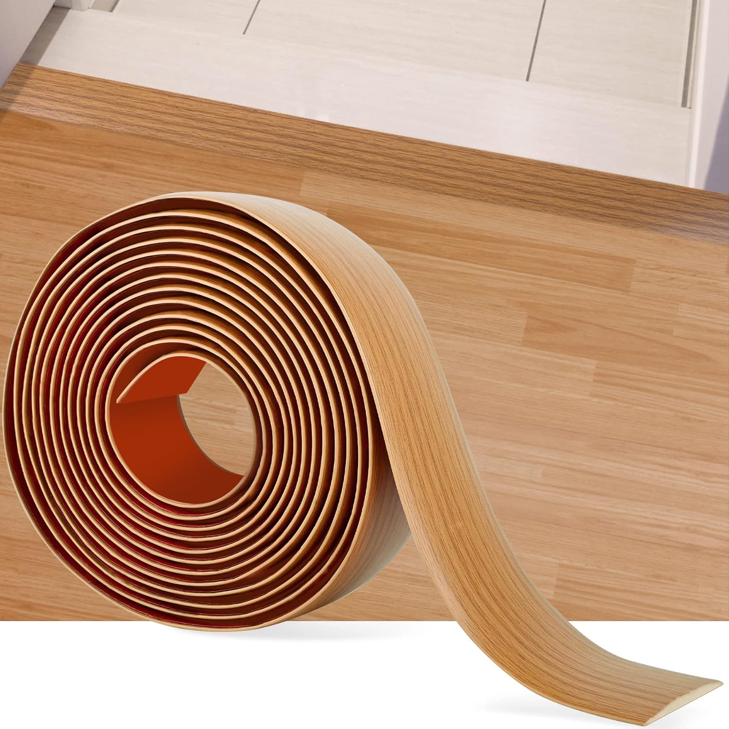 MYFAMIREA 16.4ft Self-Adhesive Vinyl Floor Transition Strip, Light Brown Wood Grain for Laminate Gaps & Doorways