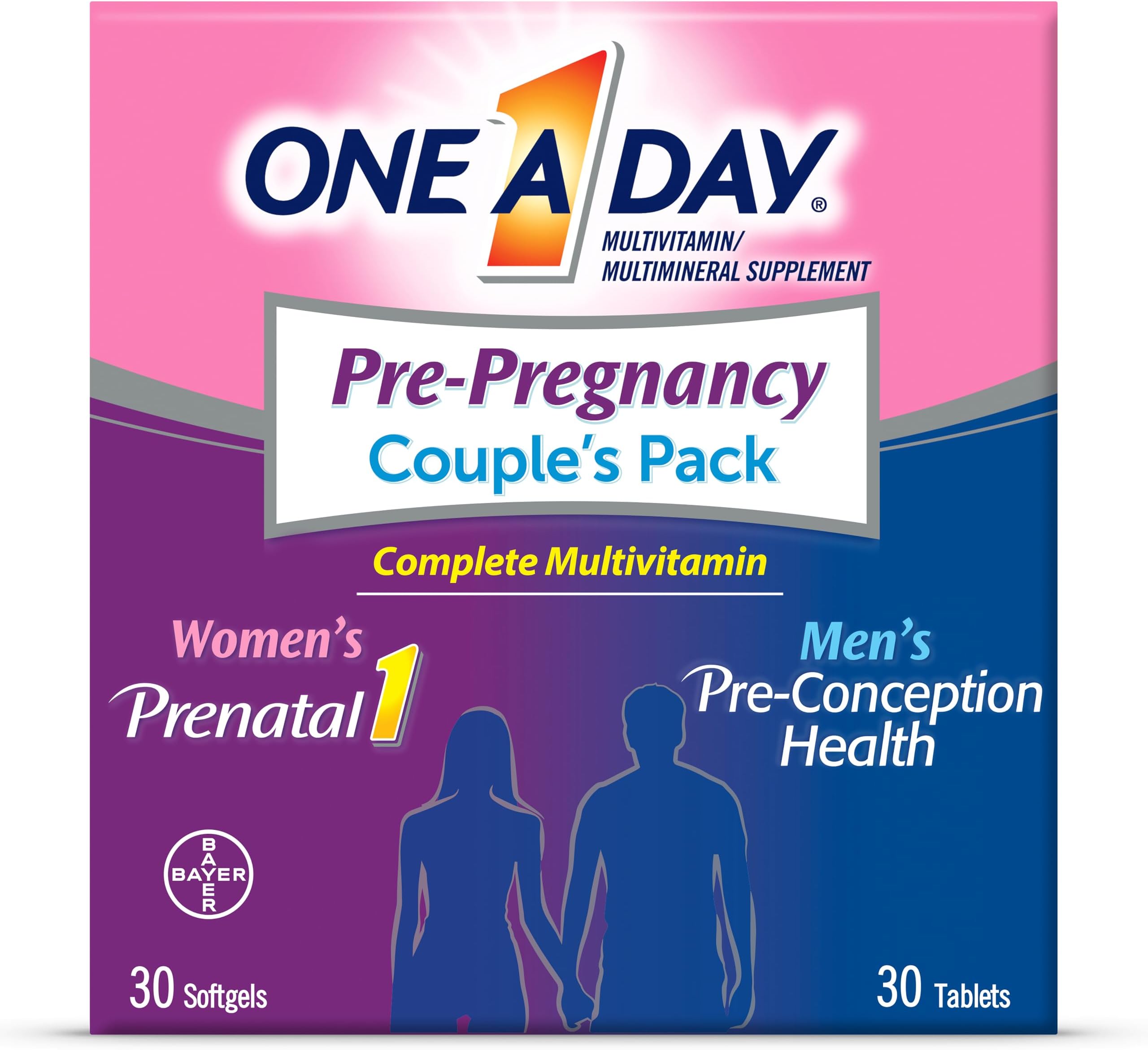 One A Day Men's & Women's Pre-Pregnancy Multivitamin Softgel including Vitamins A, Vitamin C, Vitamin D, B6, B12, Folic Acid & more, 30+30 Count, Supplement for Before, During, and Postnatal