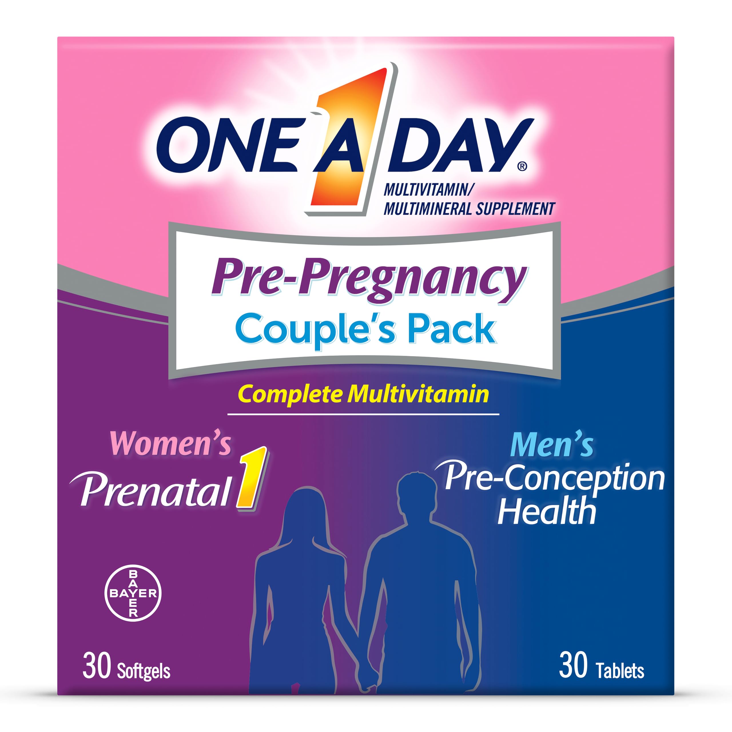 One A Day Men's &amp; Women's Pre-Pregnancy Multivitamin Softgel including Vitamins A, Vitamin C, Vitamin D, B6, B12, Folic Acid &amp; more, 30+30 Count, Supplement for Before, During, and Postnatal