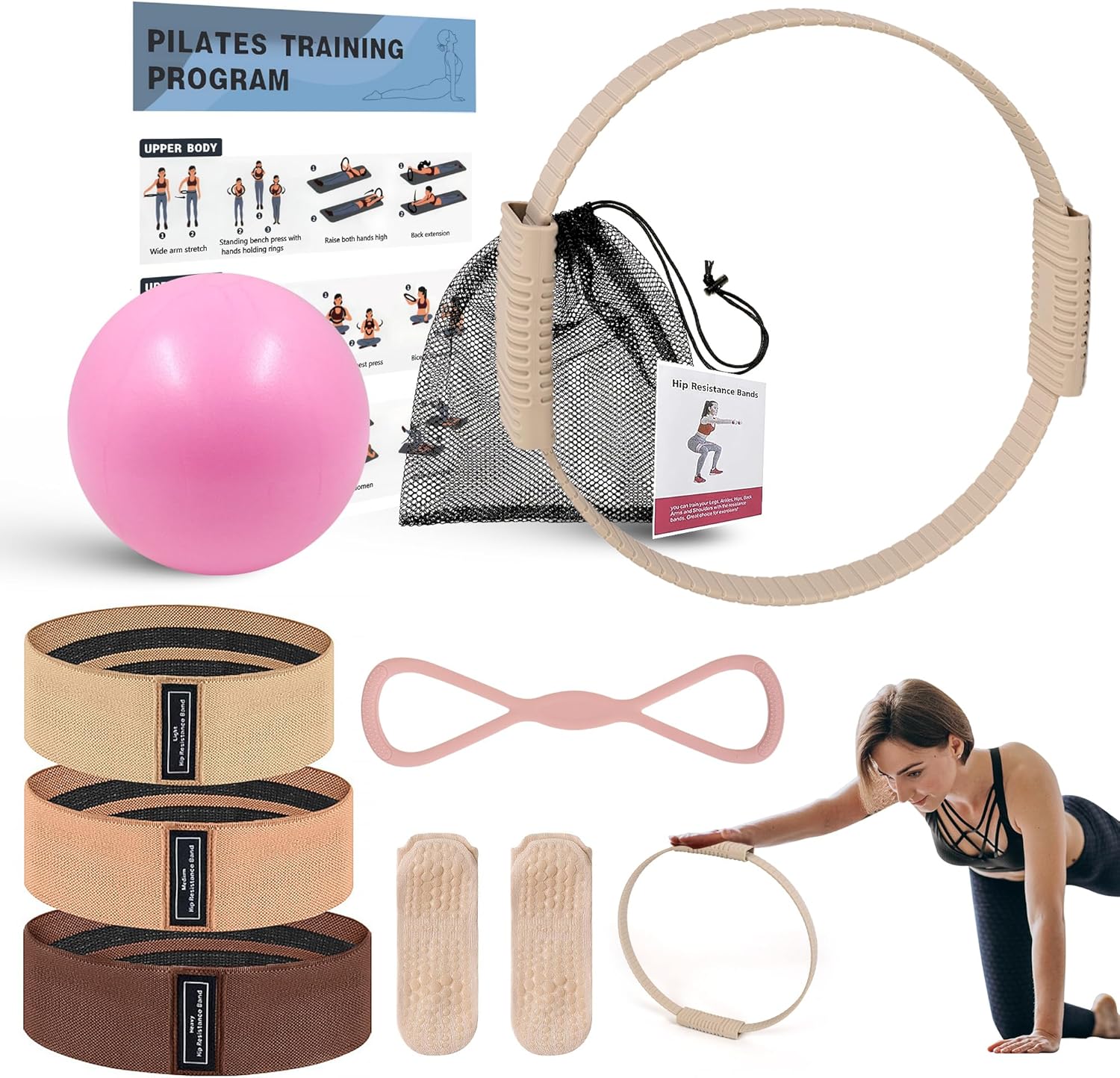 Wavar Pilates Essentials Kit for Women Pilates Equipment with 13.5" Magic Circle Mini Ball Resistance Band Premium Accessories Pilates Ring Set for Starter Workout at Home with Exercise Guide