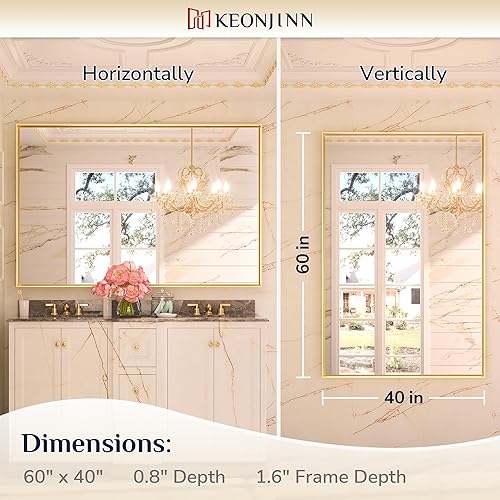 Miniatura 488 de Keonjinn Espejo de baño dorado de 48 x 36 pulgadas, espejo rectangular con marco de metal dorado cepillado, espejo de pared grande rectangular