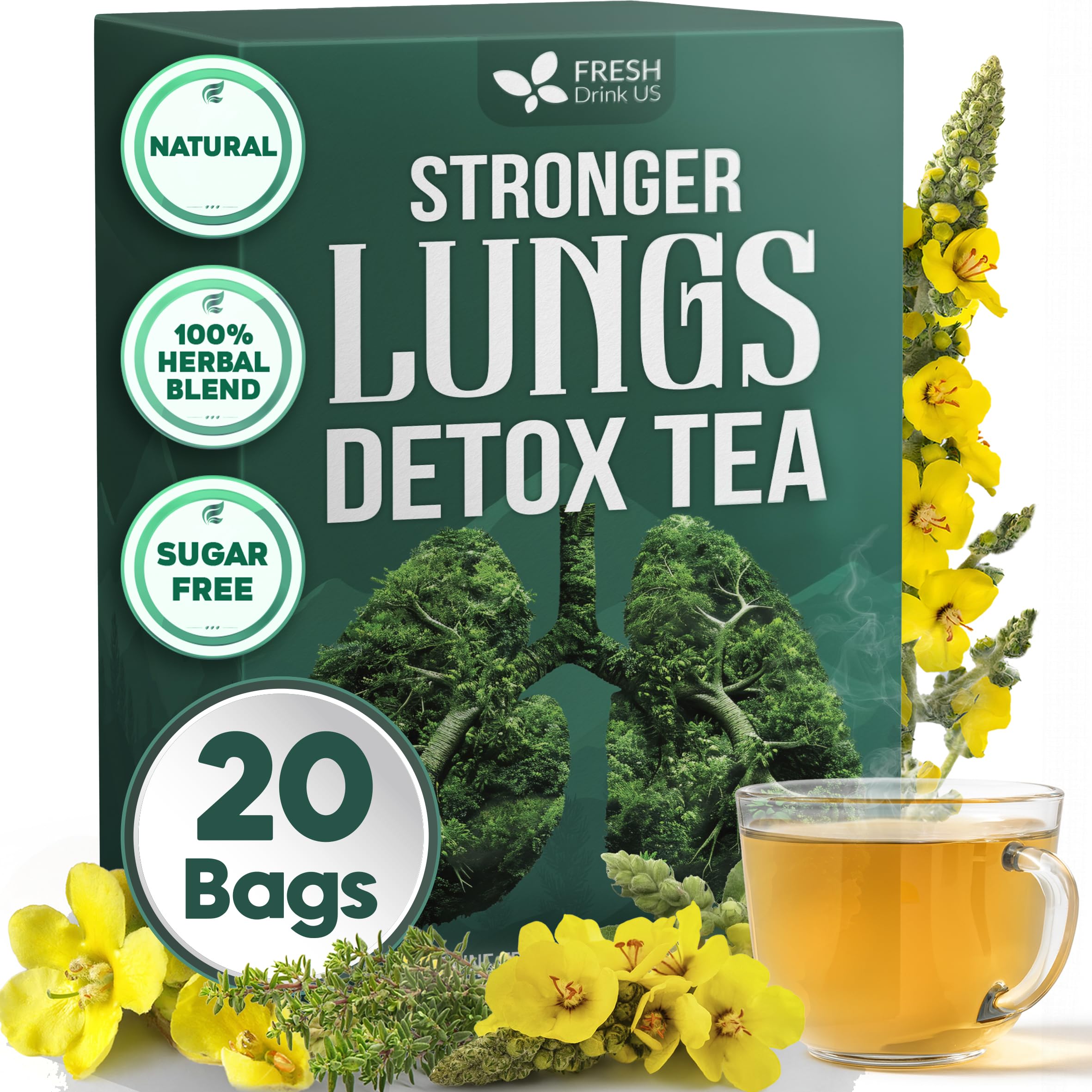 FreshDrinkUS StrongerLungs 20 Tea Bags - Mullein Leaf, Ginseng, Elderberry, Ginger & Thyme - Supports Lung Cleanse, Congestion Relief & Mucus Detox - Caffeine-Free & All-Natural