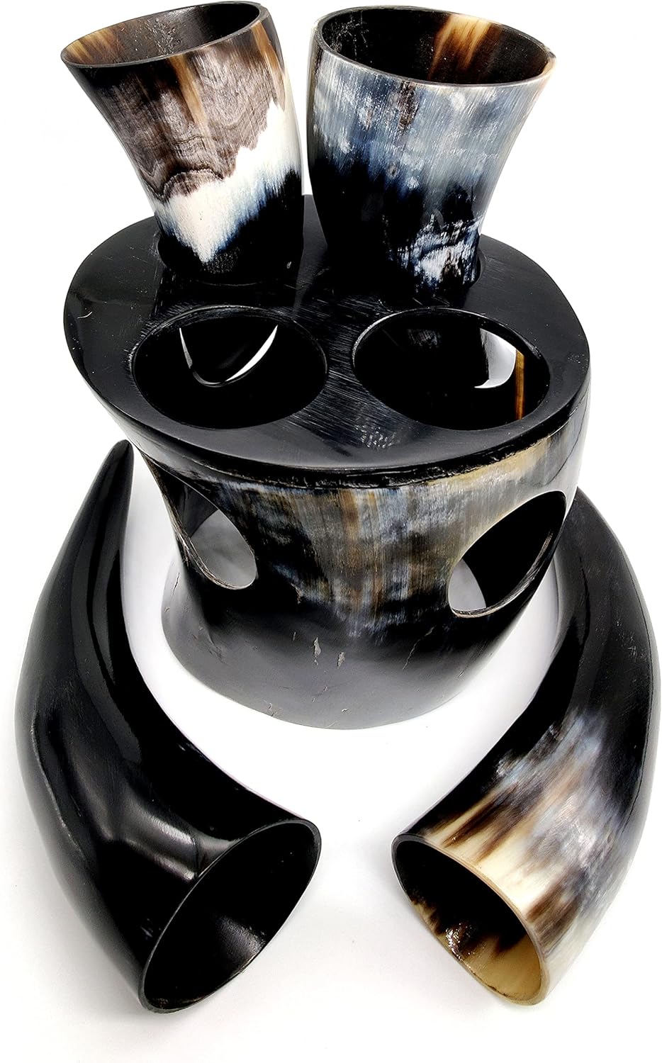 5MOONSUN5's The Original Handcrafted Authentic Viking Drinking Horn set Tankard for Beer, Mead, Ale – Medieval Inspired Stein Mug – Food Safe Vessel With 4 shot glass and stand