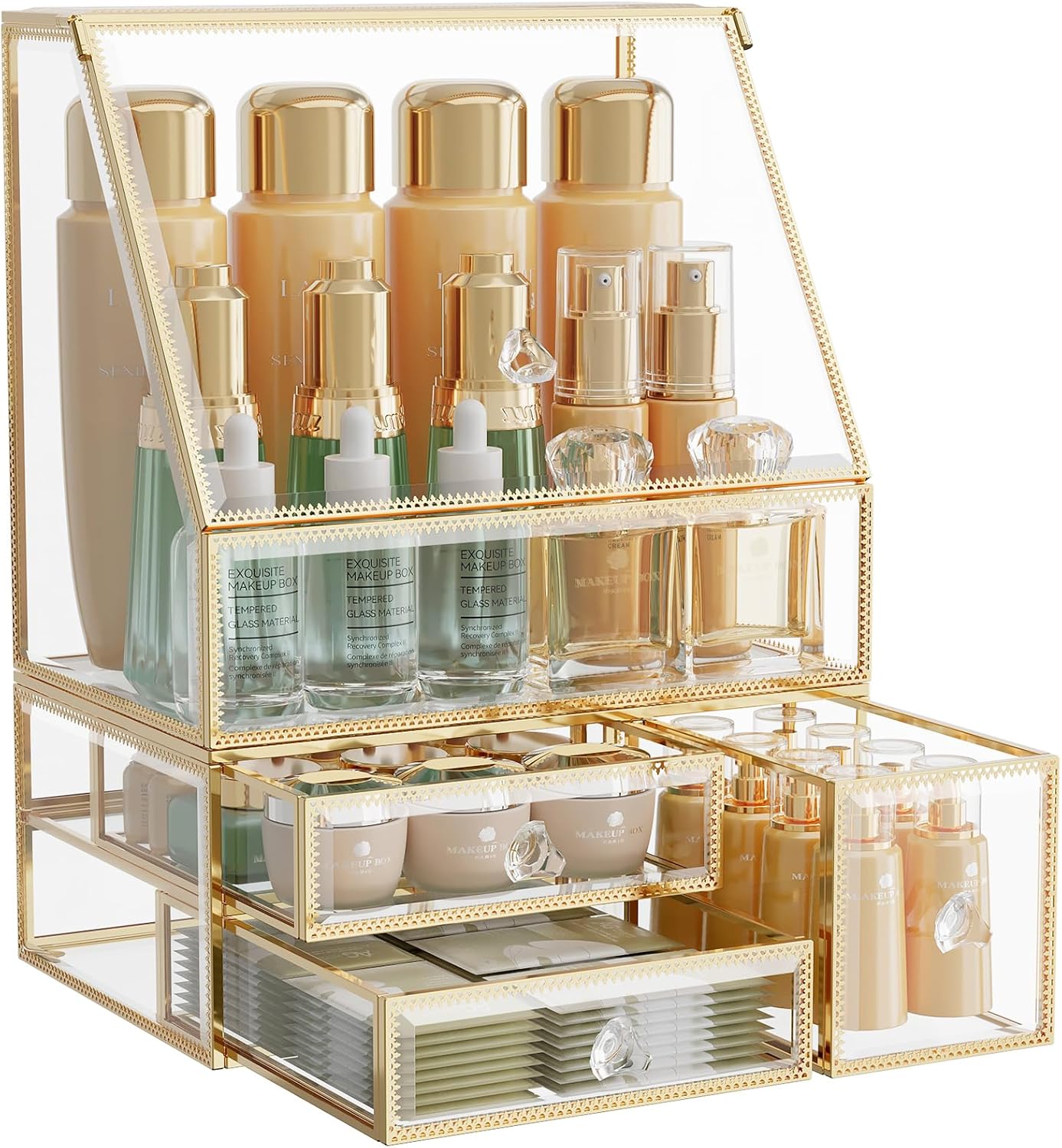 Tempered Glass Clear Makeup Organizer with Drawer - Cosmetic Storage for Dresser Countertop, Bathroom Vanity, Skincare and Perfume Organizer. Gold