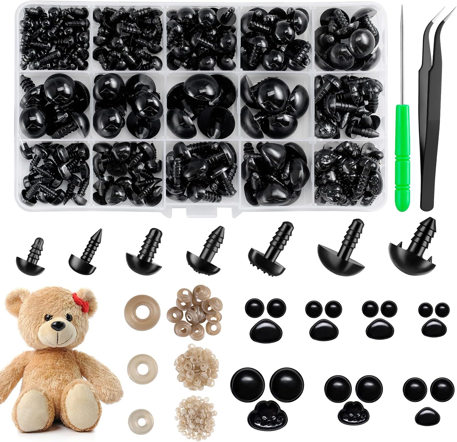 Safety Eyes and Noses, Plastic Craft Eyes and Teddy Bear Nose for Amigurumi with Washers,Crochet and Tweezers for Doll Making Supplies