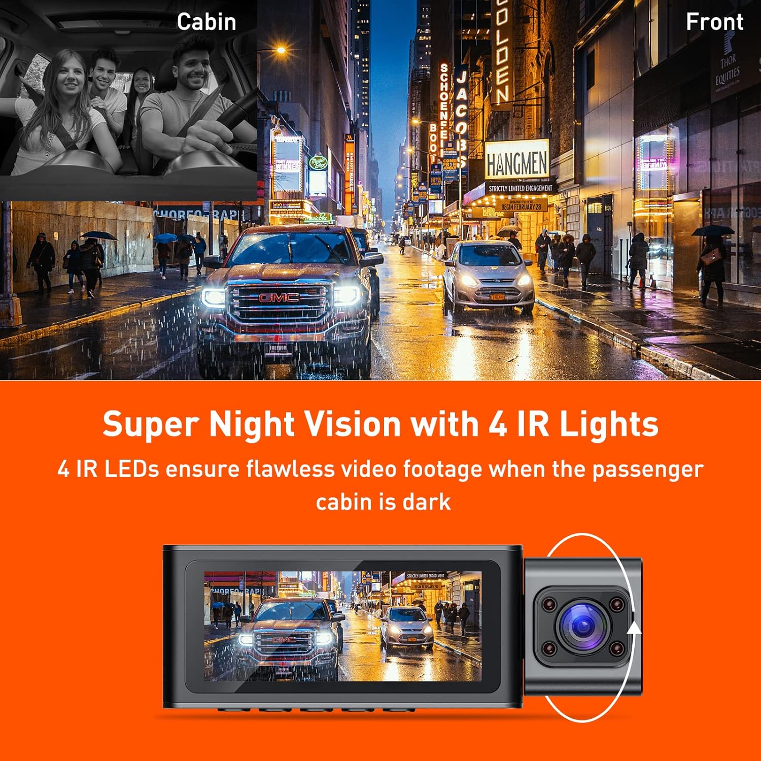 Dash cam demonstrating night vision capability with 4 IR lights for clear interior recording