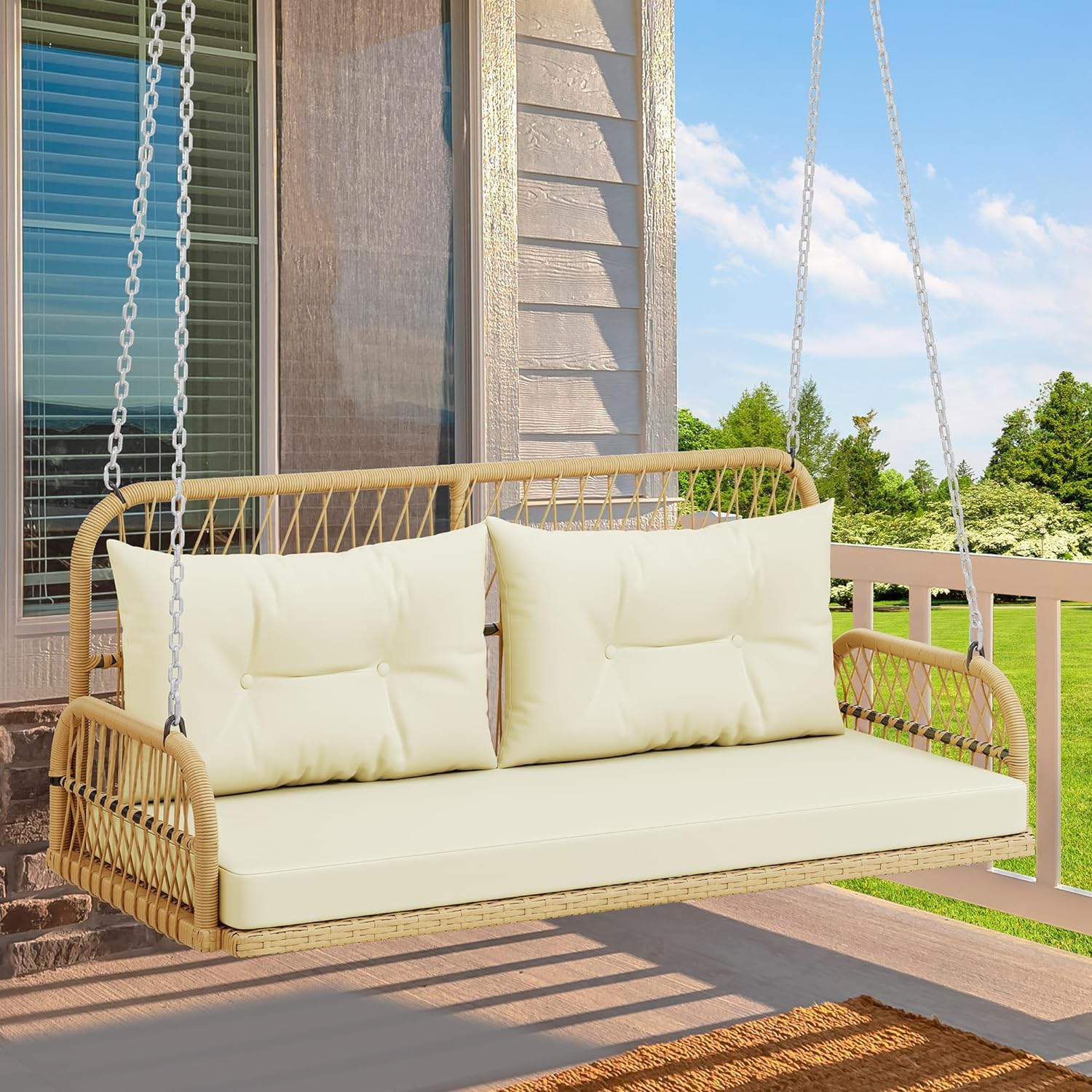 LOCCUS All Weather Resistant Rattan Wicker/Rope Double Seater Sofa Swing with Cushions for Garden, Poolside, Terrace, Balcony (Beige & Cream)-picture-31