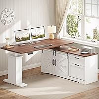 SEDETA 55" Farmhouse L-Shaped Standing Desk: Height Adjustable Corner Desk with Drawers, Power Outlets, White Home Office