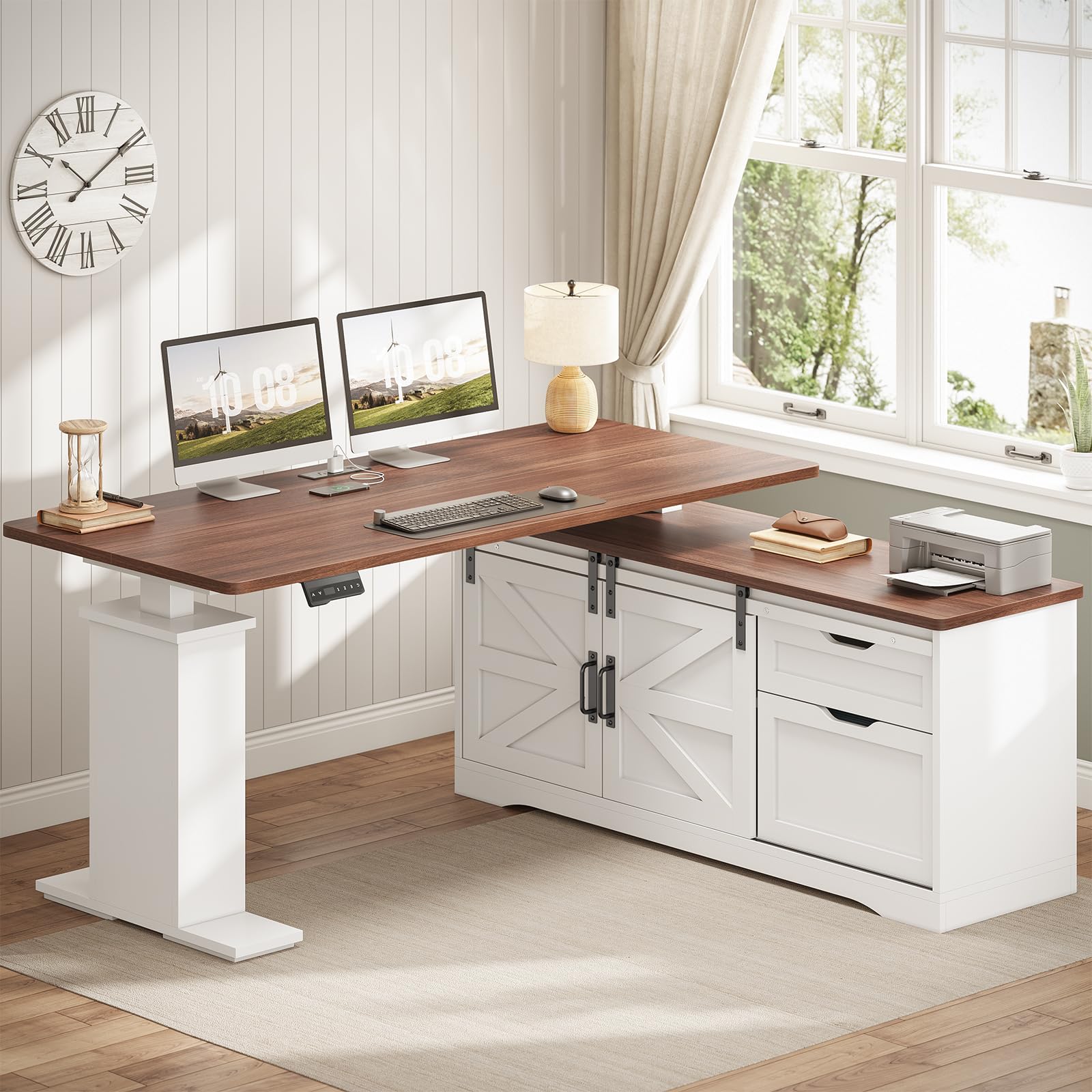 sedeta farmhouse l shaped standing desk, 55 inch height adjustable corner desk with storage drawers, standing computer desks with power outlets for home office, white