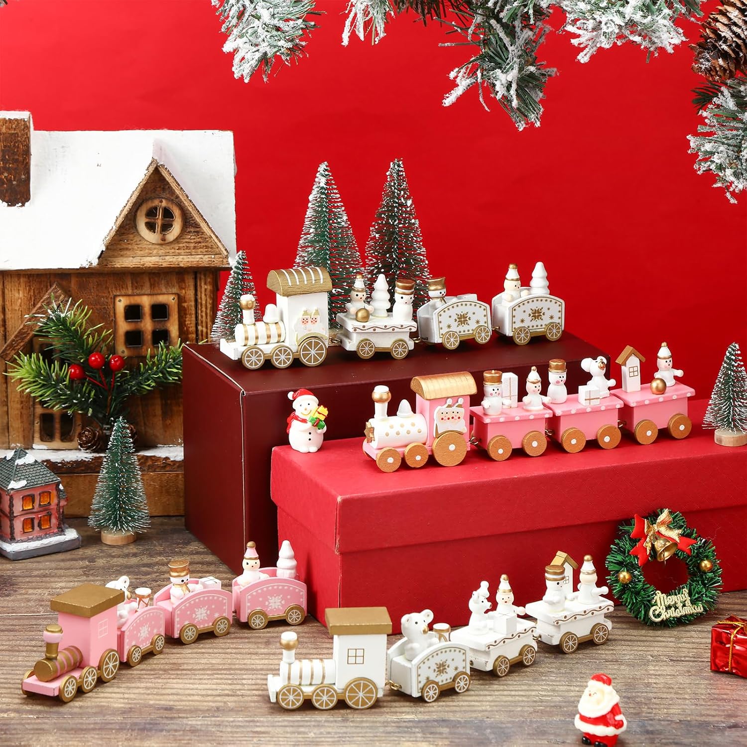 Syhood 4 Pcs Pink Christmas Wooden Train Mini Painted Train Decoration Around Tree for Kids Wooden Desktop Ornament for Xmas Party Winter Festival Gift