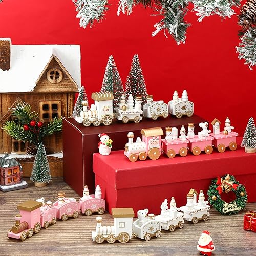 Miniatura 3 de Syhood 4 piezas de tren de madera rosa de Navidad mini decoración de tren pintado alrededor del árbol para niños, adorno de escritorio de madera