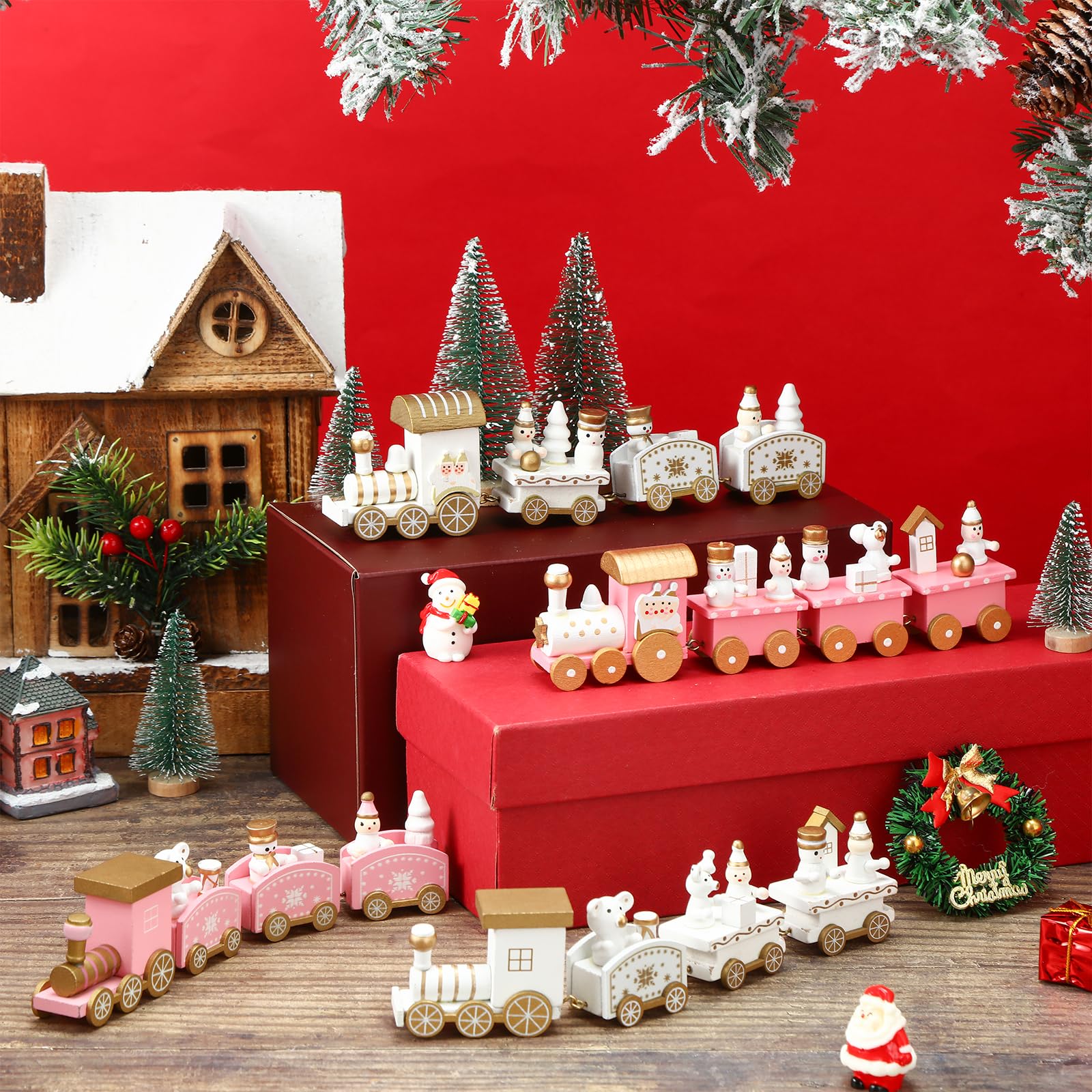 Amazon.com: Syhood 4 Pcs Pink Christmas Wooden Train Mini Painted
