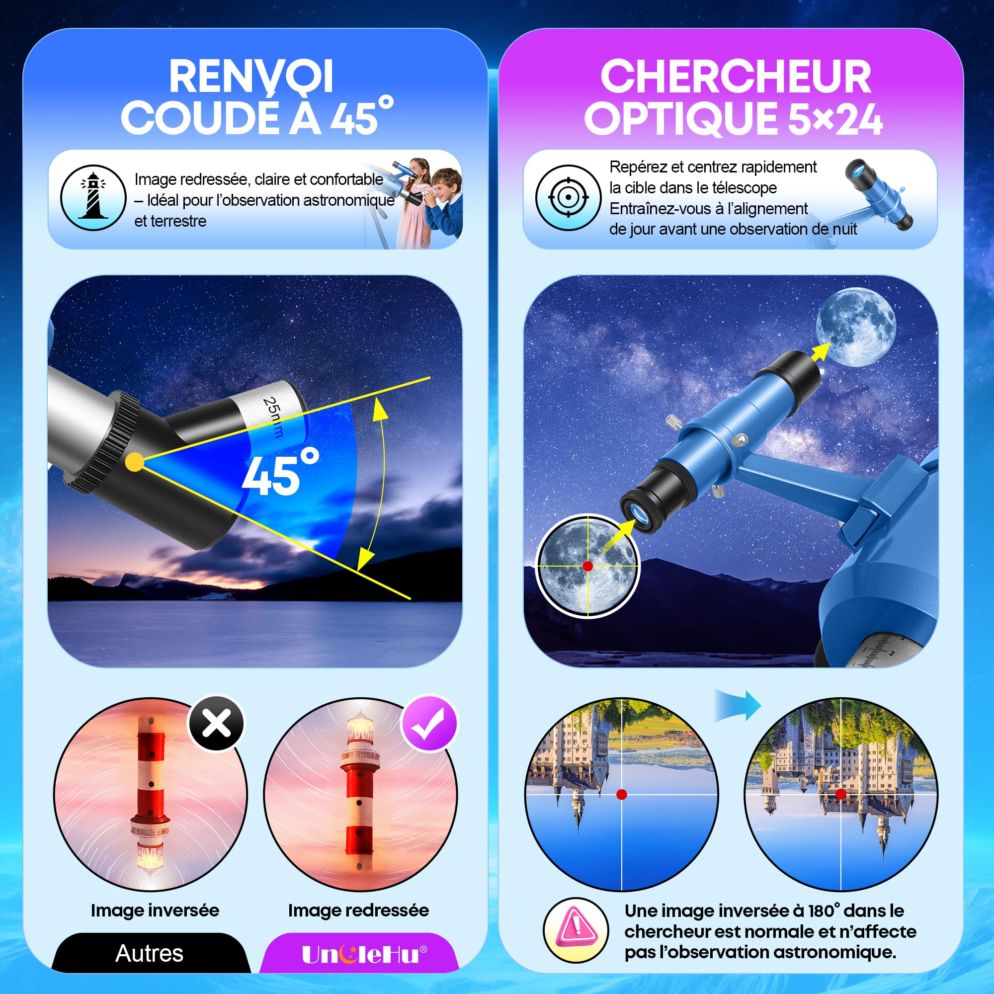 UncleHu Télescope 90/550mm pour Adultes et Enfants avec Tabouret Pliant | Optique FMC, 22–165×, Télescope Réfracteur Astronomique avec Trépied&Adaptateur Smartphone&Sac, Observation Terrestre&Lunaire