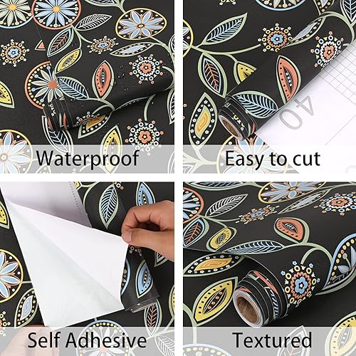 Miniatura 6 de Caltero Papel tapiz floral de 17.7 pulgadas x 49.2 pies, papel tapiz floral multicolor para despegar y pegar, papel de contacto floral, flores