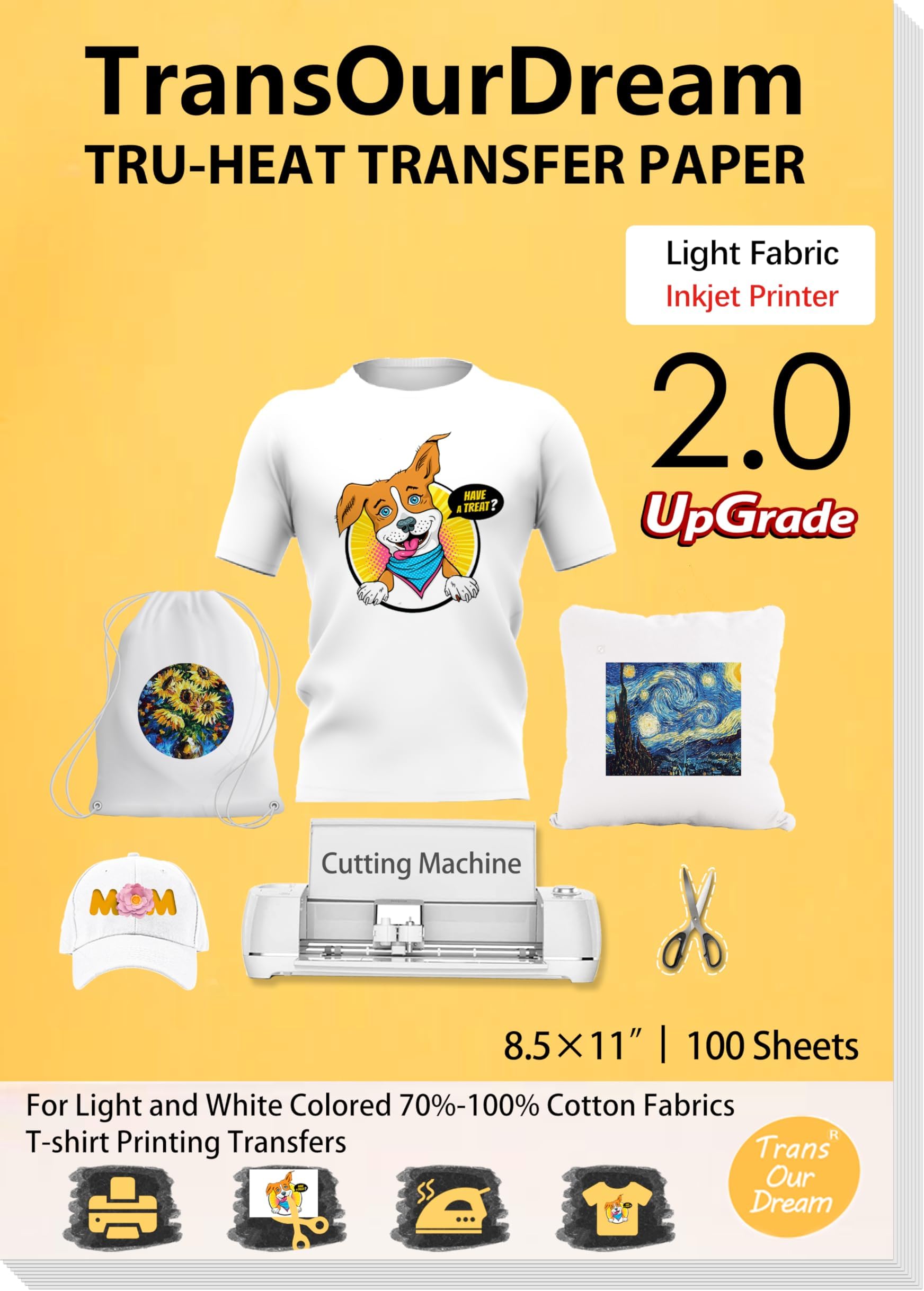 TransOurDream Upgraded Heat Transfer Paper for T Shirts (100 Sheets, 8.5x11") Iron on Transfers for Light Fabric Printable Heat Transfer Vinyl for Inkjet Printer (TOD-L2-100)