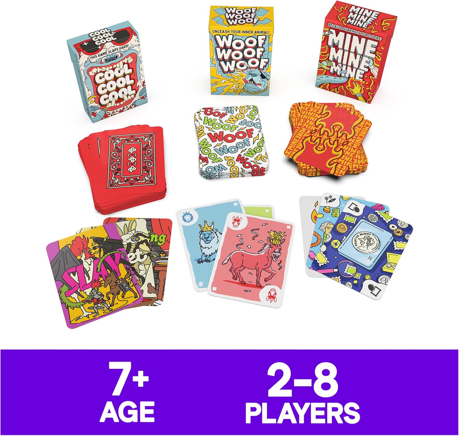 Spin Master Games, Family Card Games 3 Pack: Cool Cool Cool, Woof Woof Woof & Mine Mine Mine, Family Game Night, 2-8 Players, for Ages 7 & Up
