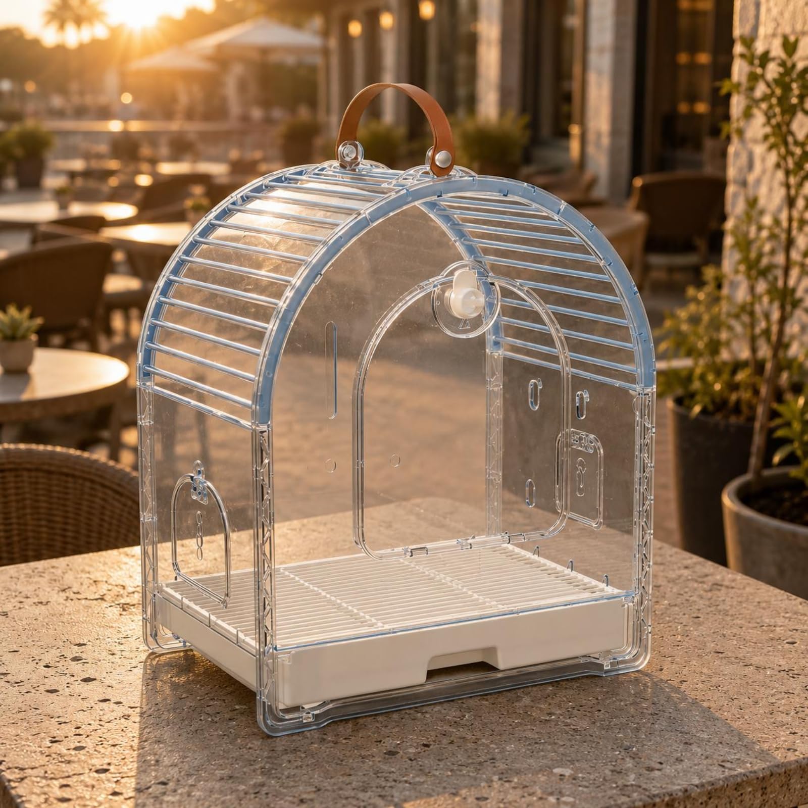 Jaula de Viaje Transparente Gran Espacio Transportador de Aves Transpirable Estilo Moderno Artículo Portátil para Salidas, Blanco Arroz, Mediano