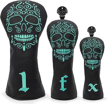 Black Golf Club Covers Skull Embroidery Driver Headcover Fairway 3 Wood Headcover Hybrid Headcover for Your Selection fits for All Brands