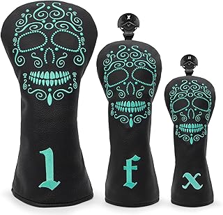 Black Golf Club Covers Skull Embroidery Driver Headcover Fairway 3 Wood Headcover Hybrid Headcover for Your Selection fits for All Brands