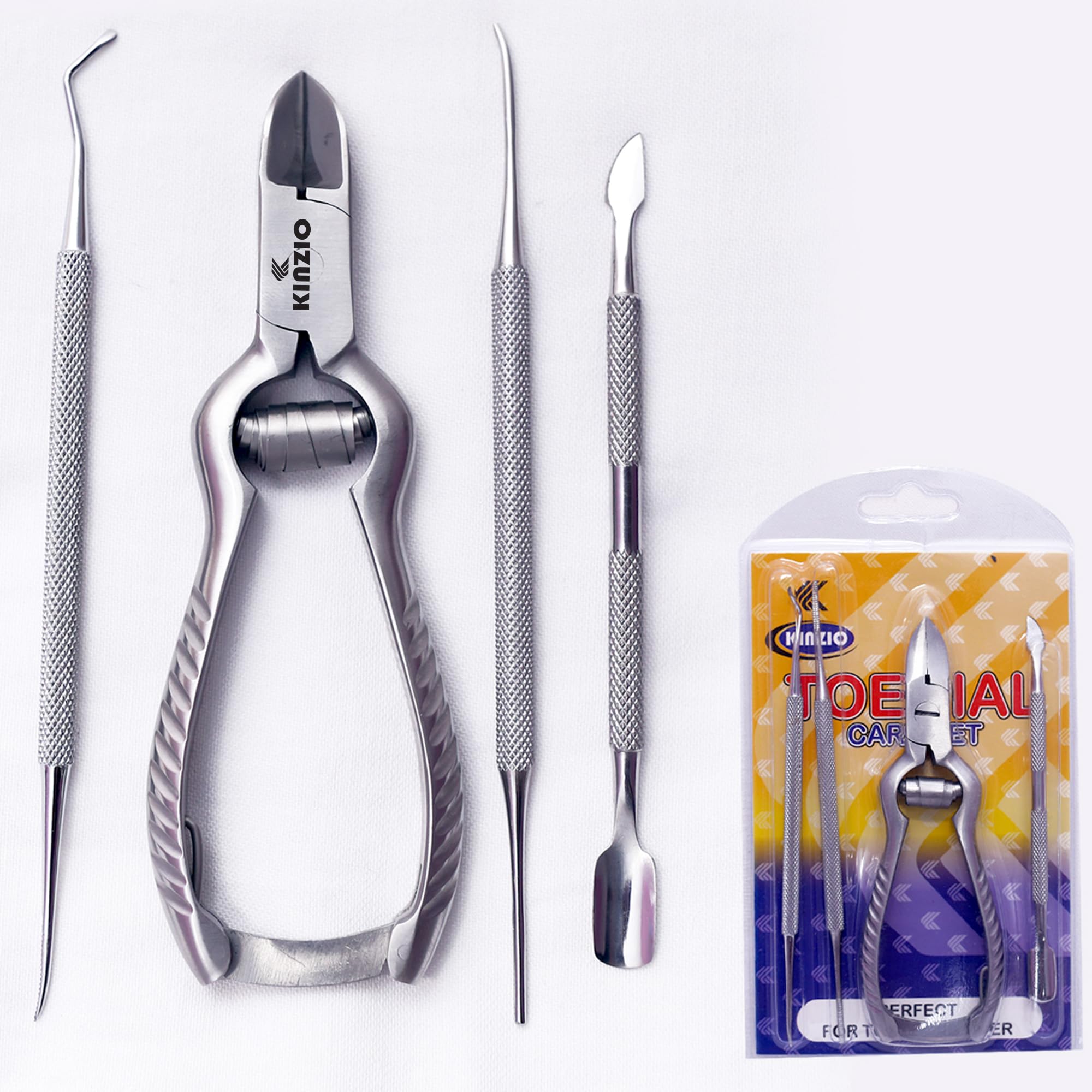 KINZIO Solingen Nail Clippers and Scissors Set - Stainless Steel Curved Cutting Surface for Foot Care, Ingrown Toenail Corner Lifting, Double-Sided File - 4 Pcs Manicure & Pedicure Set