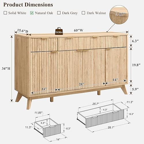 Miniatura 2 de T4TREAM Armario grande para bufé con almacenamientos, mesa de buffet moderna acanalada de 60 pulgadas, gabinete de almacenamiento de bar de vino con
