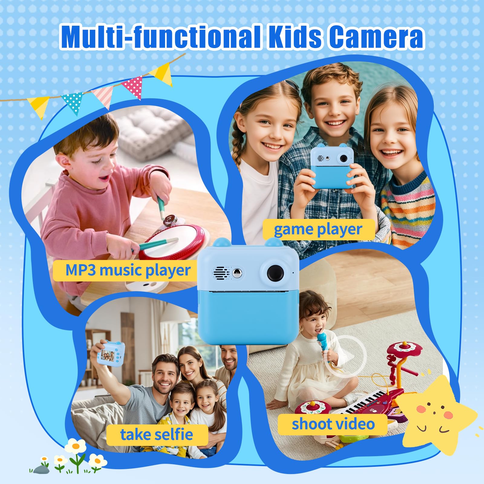 Gugxiom Kids Camera Instant Print, Fotocamera Digitale per Bambini con Scheda SD da 32 GB e 3 Rotoli Di Carta per Stampante, Fotocamera per Bambini per Ragazzi e Ragazze (blu)