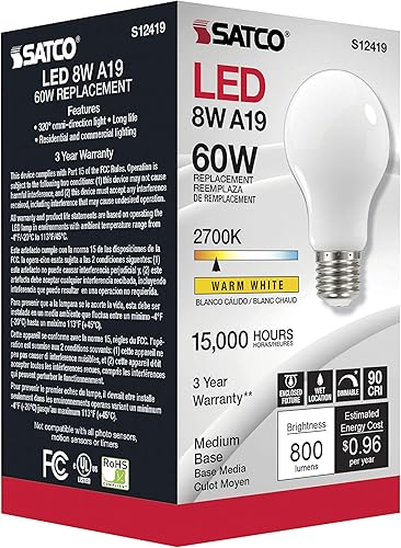 Miniatura 5 de Satco Paquete de 6 lámparas de filamento LED regulables, S12419, lúmenes altos, 8.2 vatios, A19; blanco suave; base media; 2700 K; 90 CRI; 120