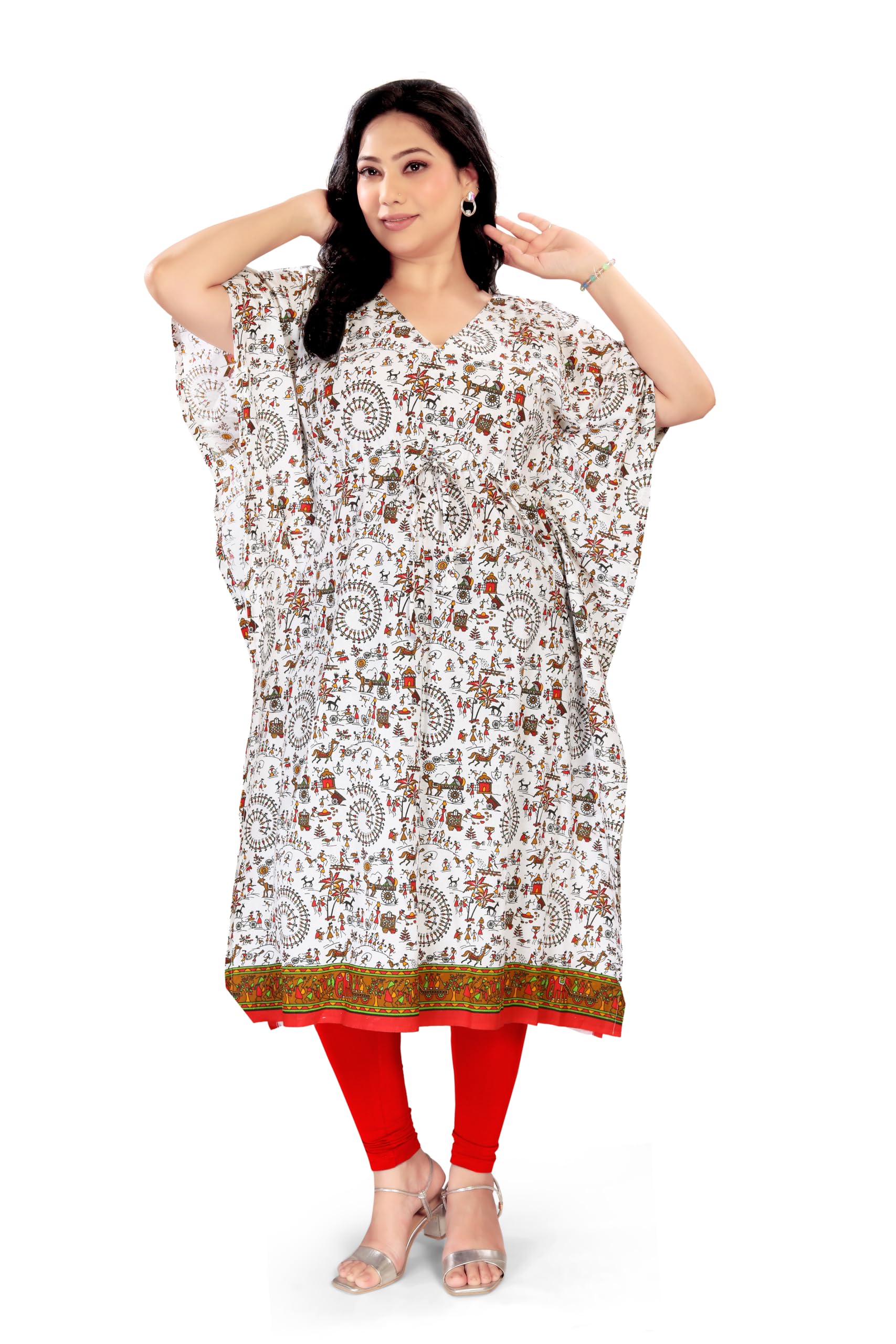 Women's Cotton Warli Print Kaftan | V-Neck | Adjustable Drawstring (Dori) Waist | Relaxed Fit | Casual & Lounge Wear | L, XL, XXL-picture-27