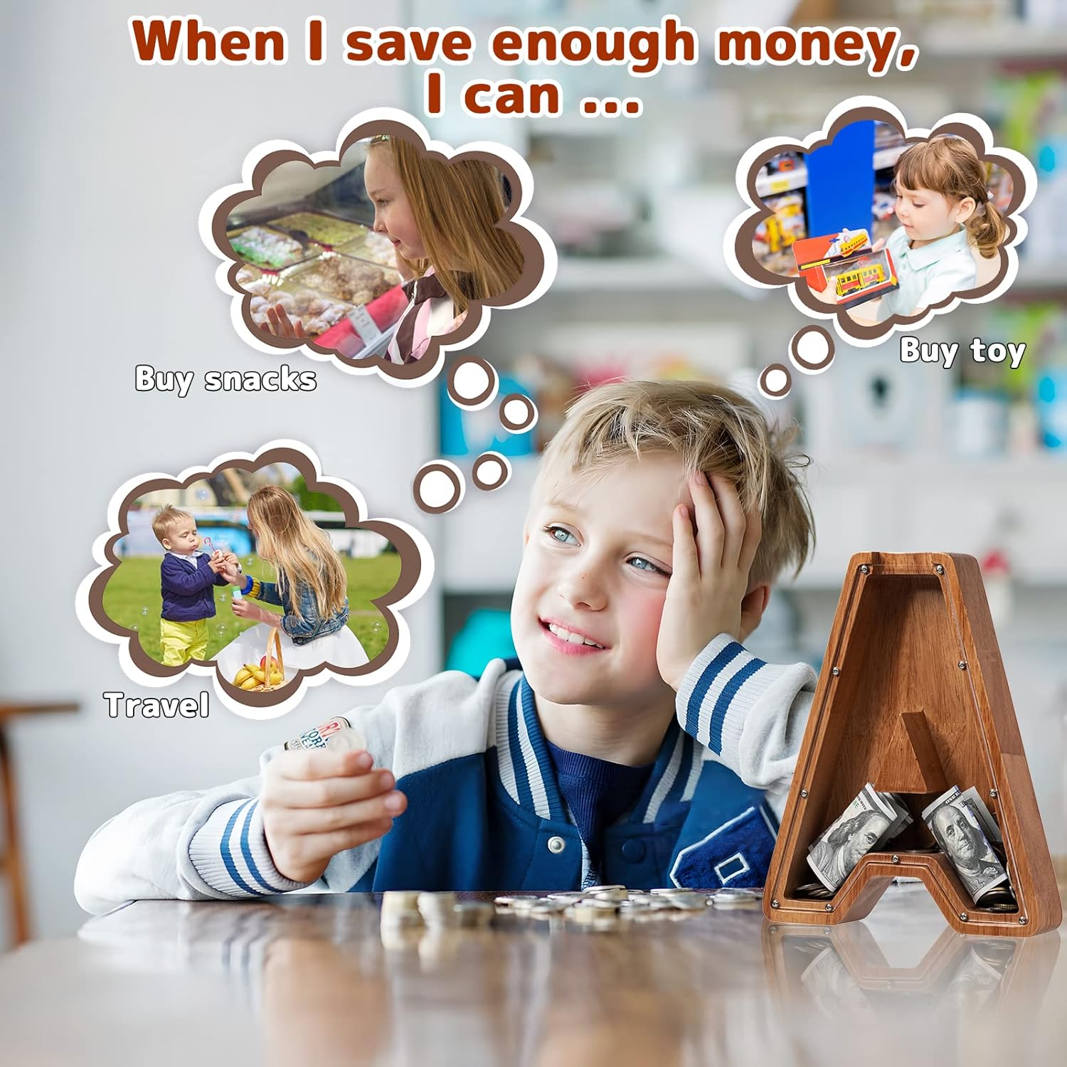 Piggy Bank for Kids Boys Girls, Wooden Large Letter Piggy Bank Alphabet Money Bank with Initial A, Coin Bank Fun Gifts for Birthday, Christmas, Festival, Baby Shower