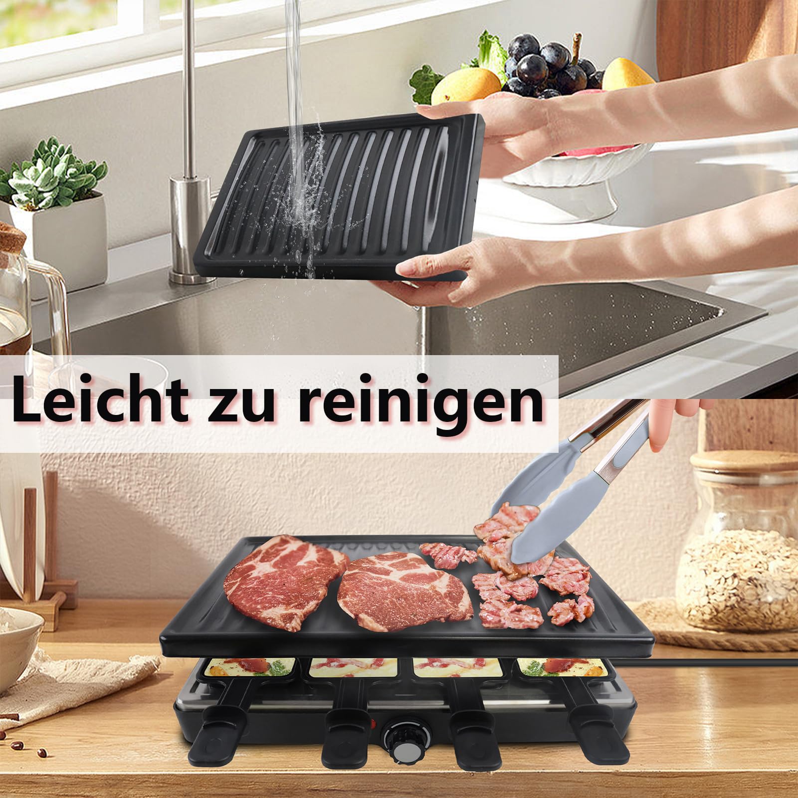 HENGMEI Appareil à raclette électrique en acier inoxydable avec poêles, plaque de cuisson antiadhésive et pierre naturelle pour 8 personnes, max. 1400 W, noir