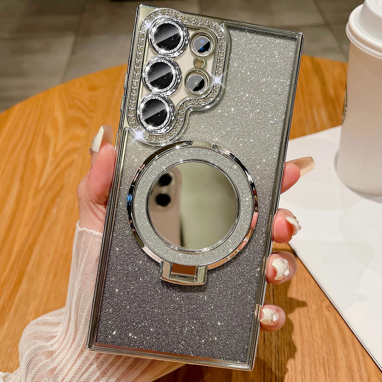 for Samsung Galaxy S25 Ultra Magnetic Kickstand Glitter Case,[Compatible with Magsafe] Bling Sparkly Rhinestone with Camera Protector Makeup Mirror Women Girl Case for Galaxy S25 Ultra,Silver - Image 8