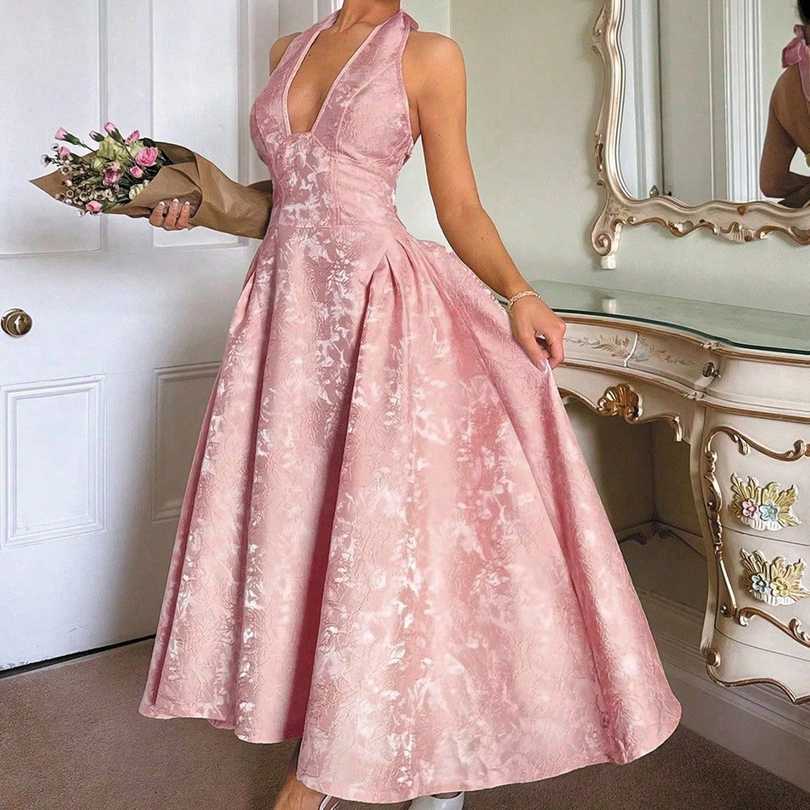 Vestido de dama de honor para mujer, vestido de noche festivo, elegante, para boda, vestido de cóctel, sin mangas, maxi vestido de línea A, vestido largo Rockabilly, vestido cruzado jacquard