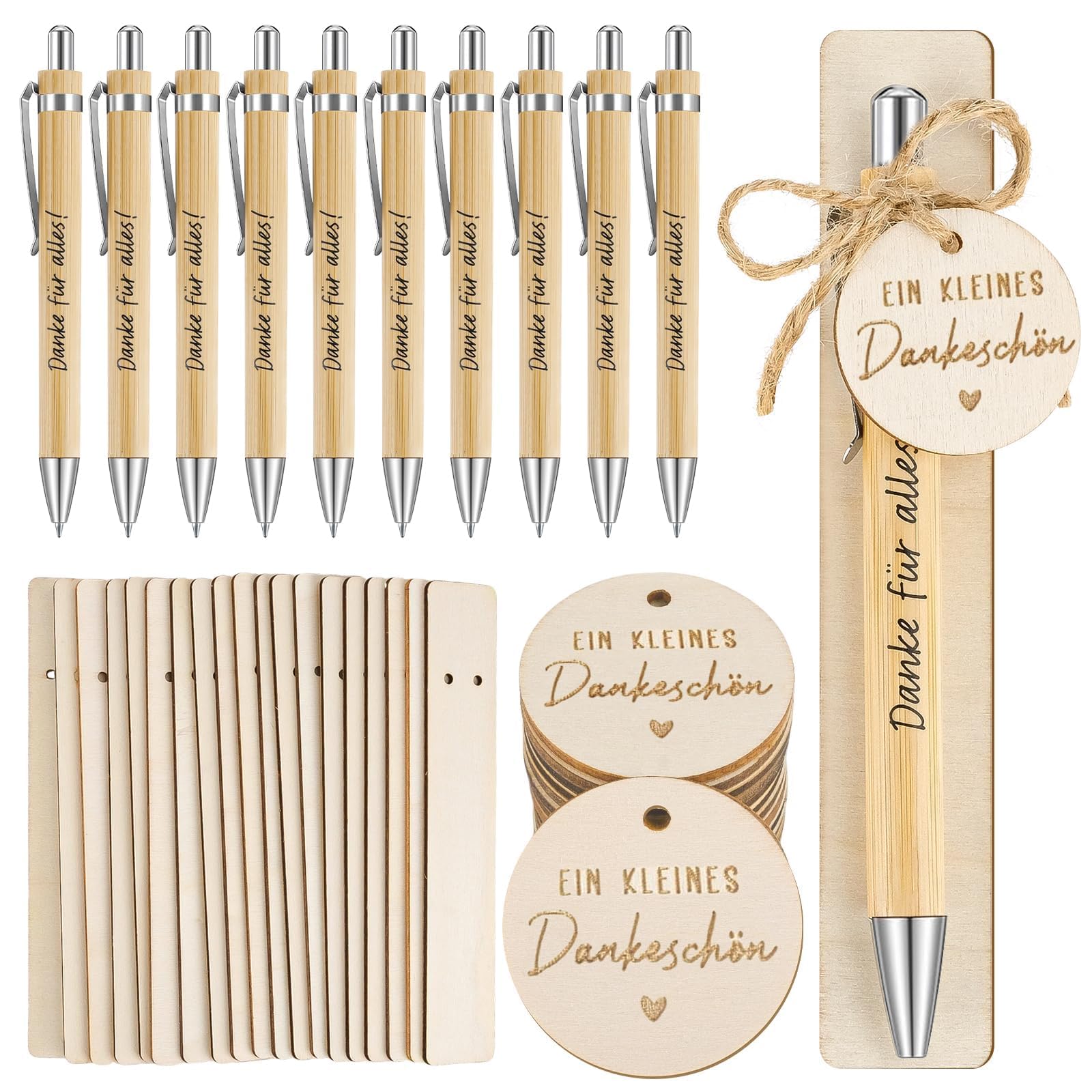 Bolígrafos Negro, 20PCS Boligrafo de Bambu Retráctil, Bolígrafos Personalizados con Colgante, Cuerda y Tabla de Madera, Regalo para Boda Invitados, Trabajo, Profesora, Regalo de Graduación