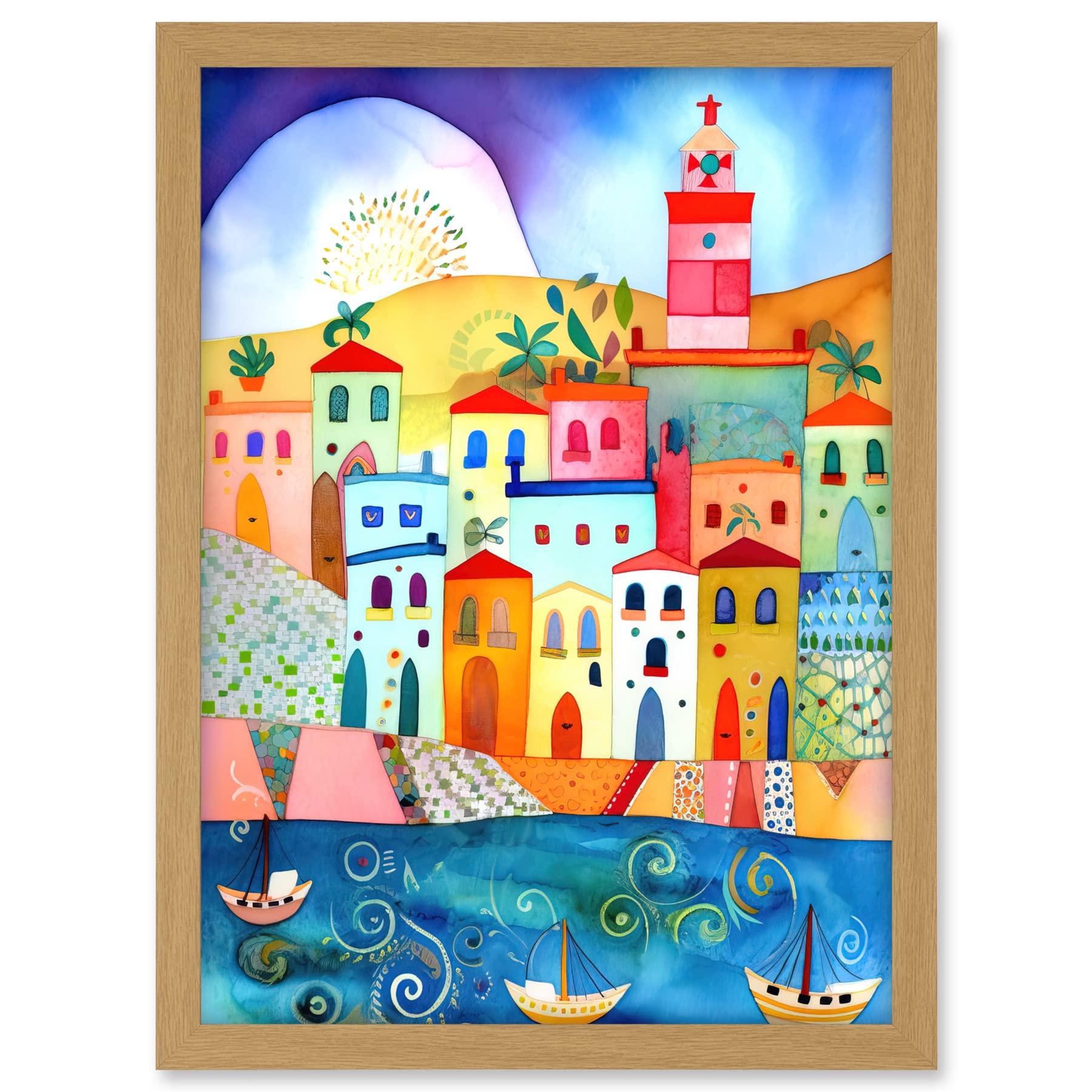 Artery8 Tunisia Seaside Town Folk Art Artwork Framed A3 Wall Art Print