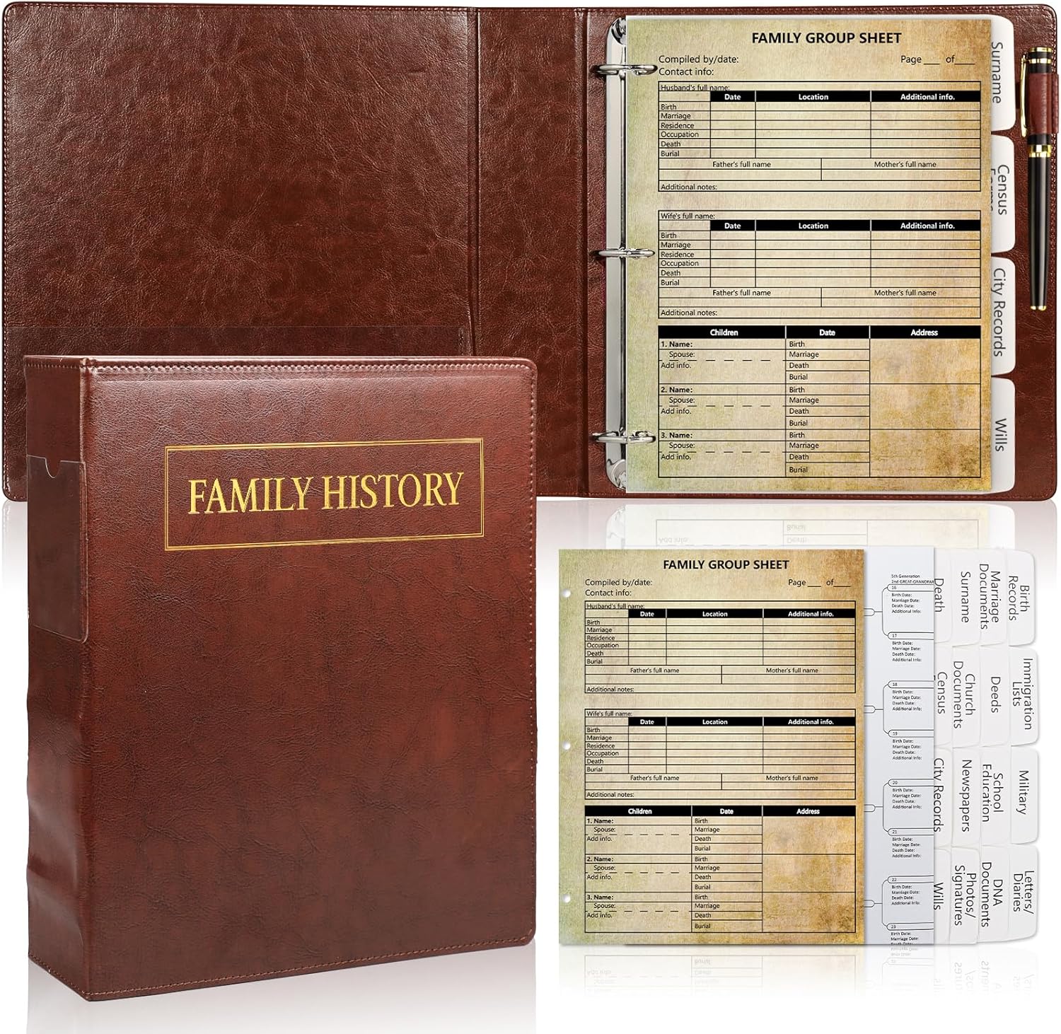 3 Ring Family History Binder 50 Sheet 12th Generation Family Group Sheets 16 Sheets Genealogy Binder Dividers Family Tree Charts to Fill in with PVC Pocket Pen Loop Brown