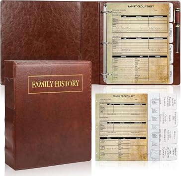3 Ring Family History Binder 50 Sheet 12th Generation Family Group Sheets 16 Sheets Genealogy Binder Dividers Family Tree Charts to Fill in with PVC Pocket Pen Loop Brown