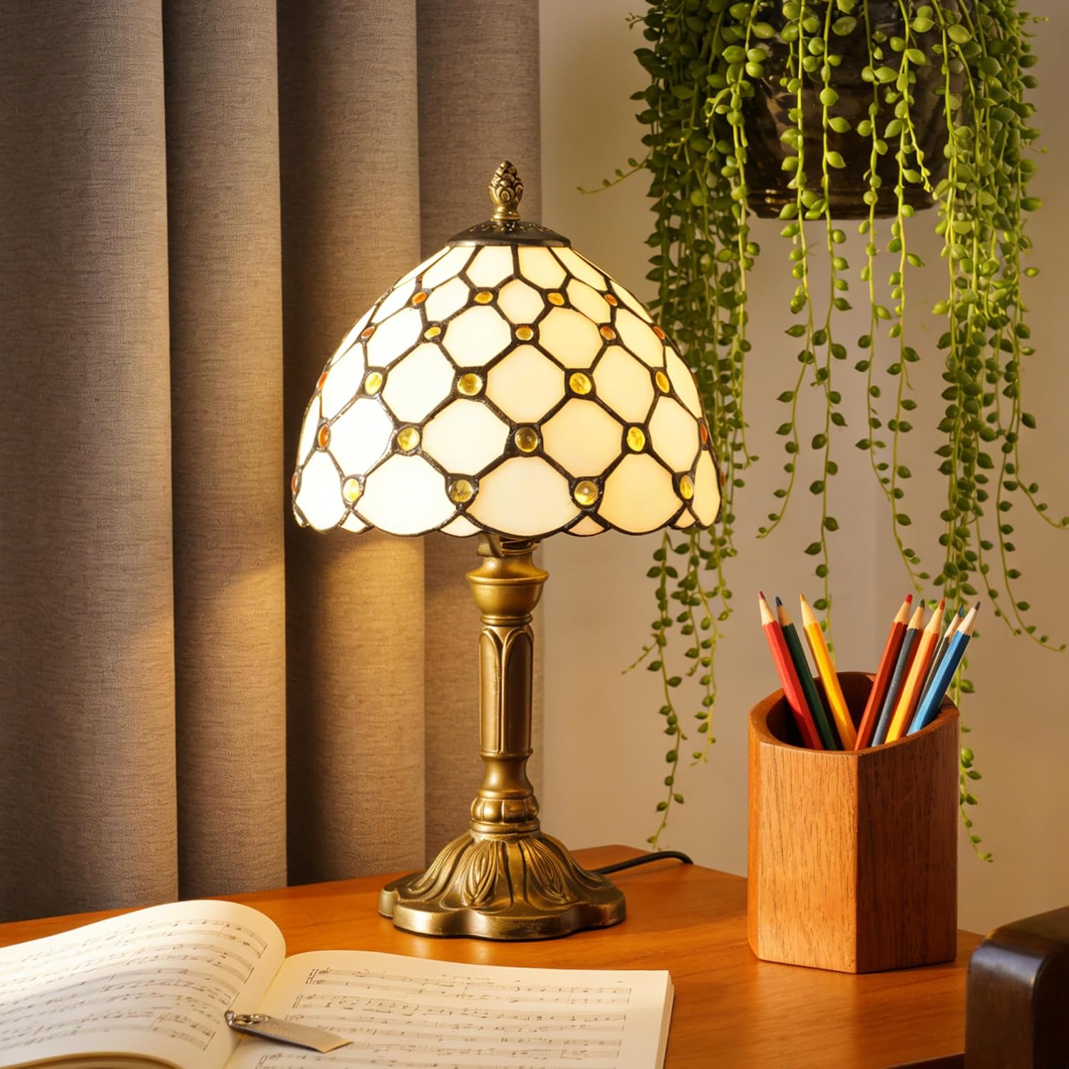 Vintage Style Table Lamp Stained Glass Lamp 7.9 Inch Antique Bedside Lamp, for Bedroom Living Room Home,Included E26 LED Bulb