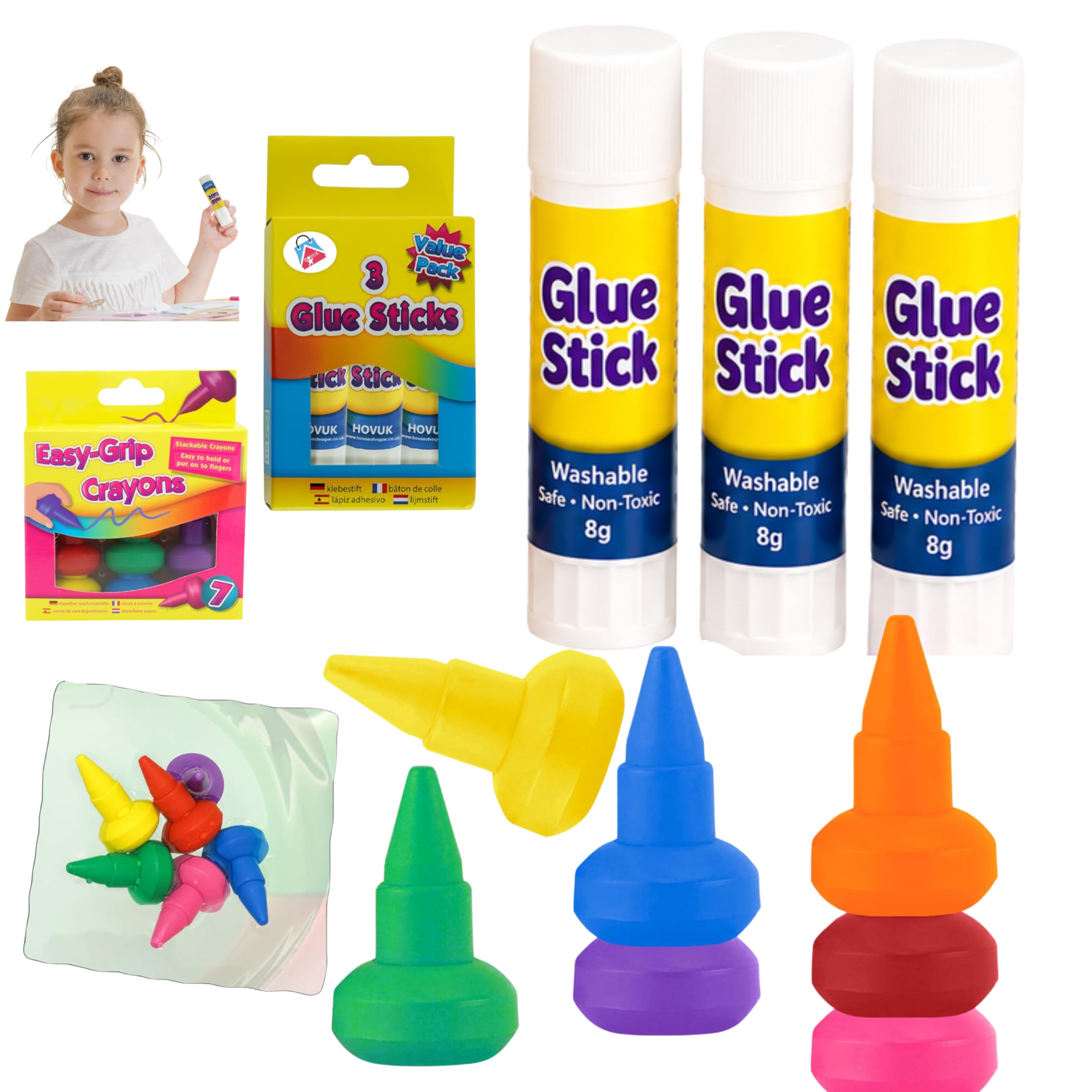 10pak Kids Art & Craft Set with Washable Crayons & Twist Action Glue Sticks, Non Toxic Colouring and Craft Supplies for Toddlers, School Projects, Drawing, Scrapbooking & Creative Activities