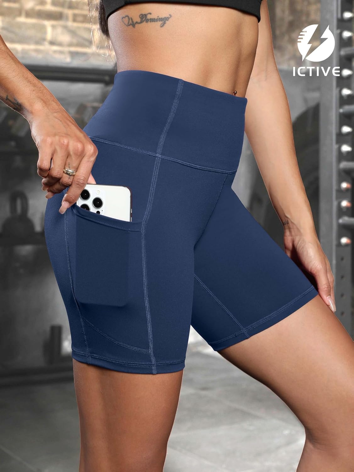 Fihapyli ICTIVE Women's Workout Running Shorts with Deep Pockets High Waisted Tummy Control Yoga Gym Spandex Biker Pants - Image 4